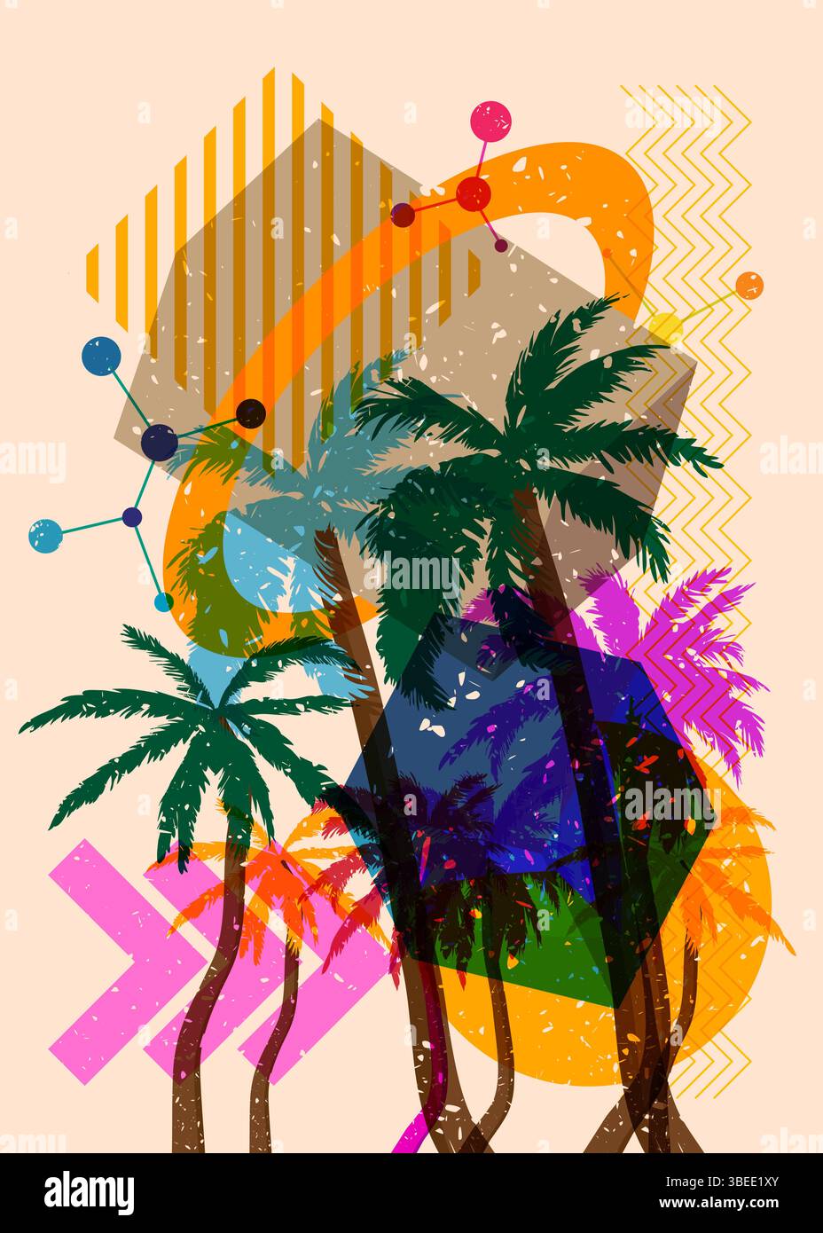 Risograph Palm Tree avec des formes géométriques. Les objets dans le graphique riso à la mode impriment la conception de style de texture avec des éléments géométriques. Illustration de Vecteur