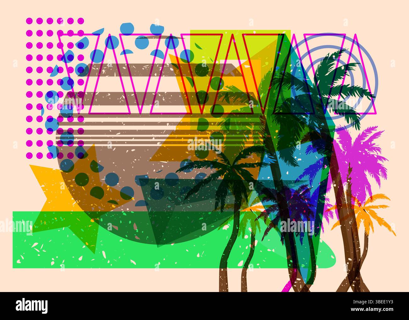 Risograph Palm Tree avec des formes géométriques. Les objets dans le graphique riso à la mode impriment la conception de style de texture avec des éléments géométriques. Illustration de Vecteur