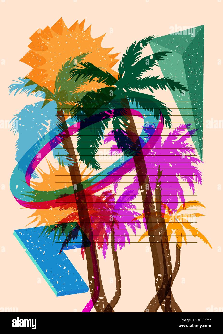Risograph Palm Tree avec des formes géométriques. Les objets dans le graphique riso à la mode impriment la conception de style de texture avec des éléments géométriques. Illustration de Vecteur
