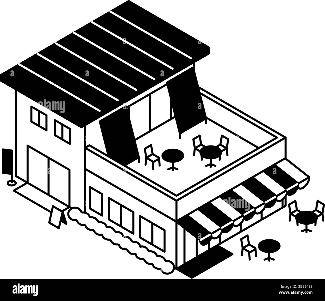 Café avec terrasse sur le toit, illustration isométrique simple de dessin de ligne noir et blanc, illustration vectorielle Illustration de Vecteur