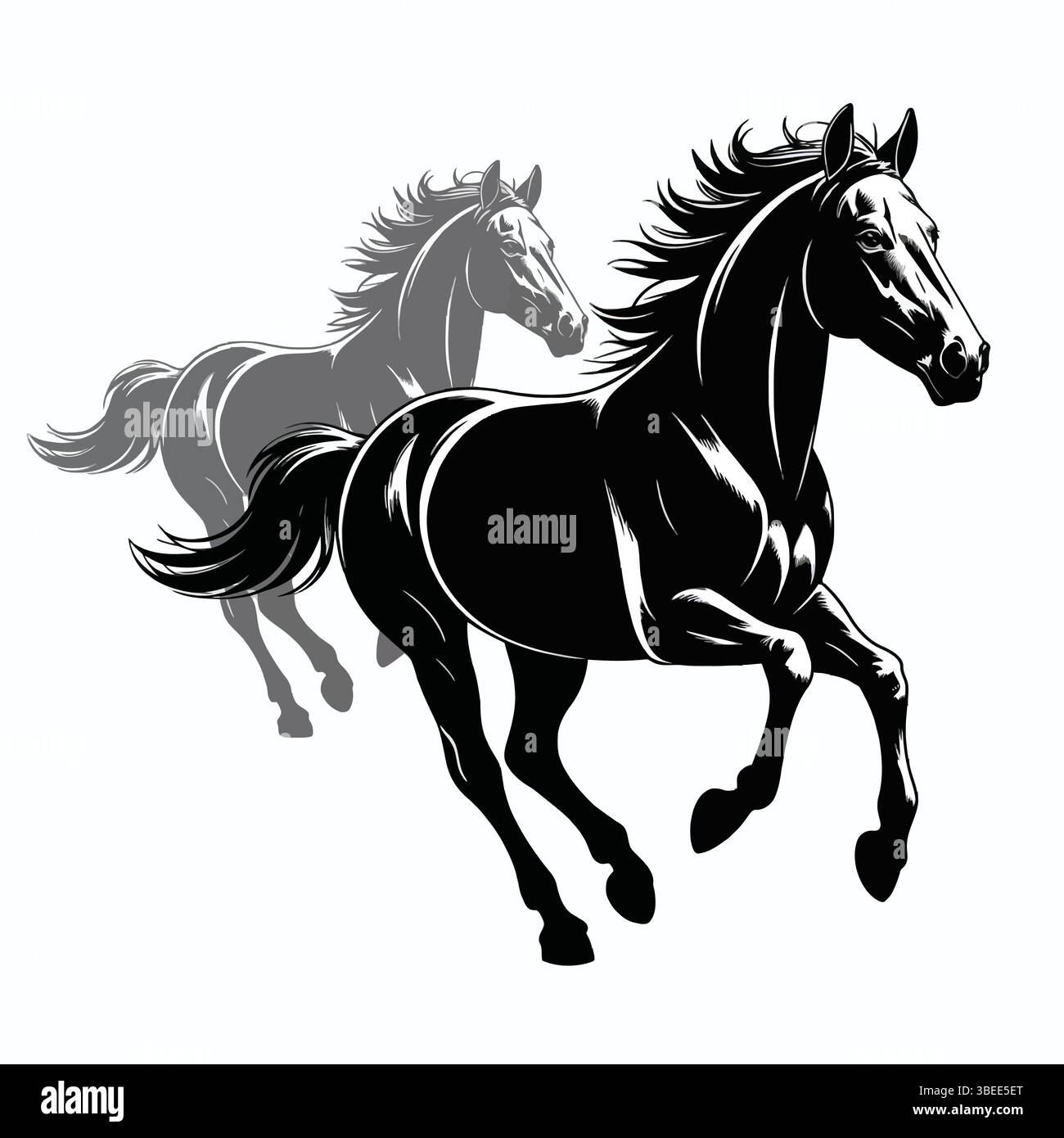 Cheval galopant élégant dans un style noir idéal pour les thèmes de la vitesse, de la liberté, des animaux de ferme et du décor rural. Illustration de Vecteur