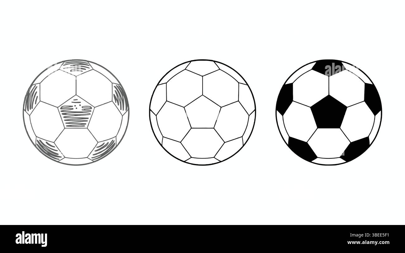 Modèles classiques et modernes de ballon de football en noir et blanc pour le sport. Illustration de Vecteur