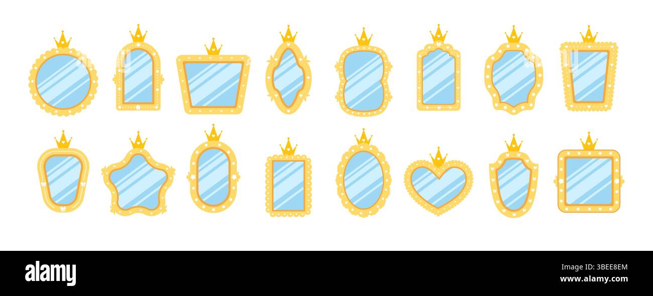 Miroir princesse. Ensemble de miroir mural enfantin avec différentes bordures dorées. Meubles pour princesse ou intérieur de chambre royale. Illustration vectorielle vintage Illustration de Vecteur