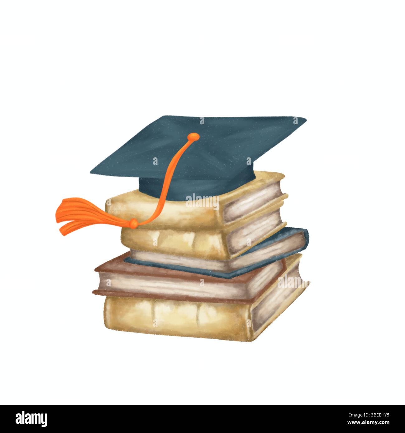 Illustration aquarelle élégante de chapeau de graduation et pile de livres. Idéal pour les invitations à l'obtention du diplôme, les célébrations académiques et la conception éducative Banque D'Images
