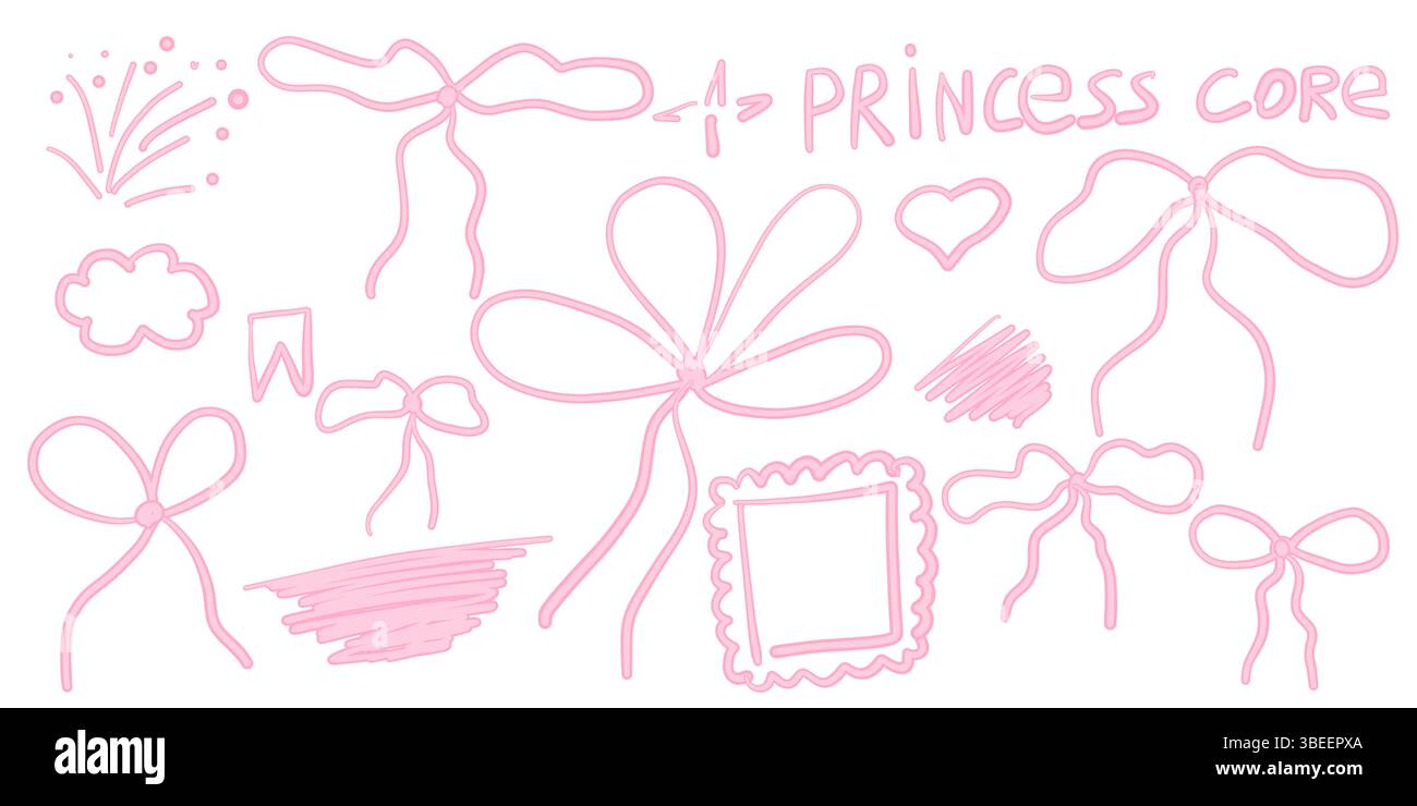 Ensemble d'éléments vintage girly rose tendance dessiné à la main. Arc, cadre et griffonnages. Rubans isolés. Accessoires tendance pour filles. Éléments de coiffure mignons Illustration de Vecteur