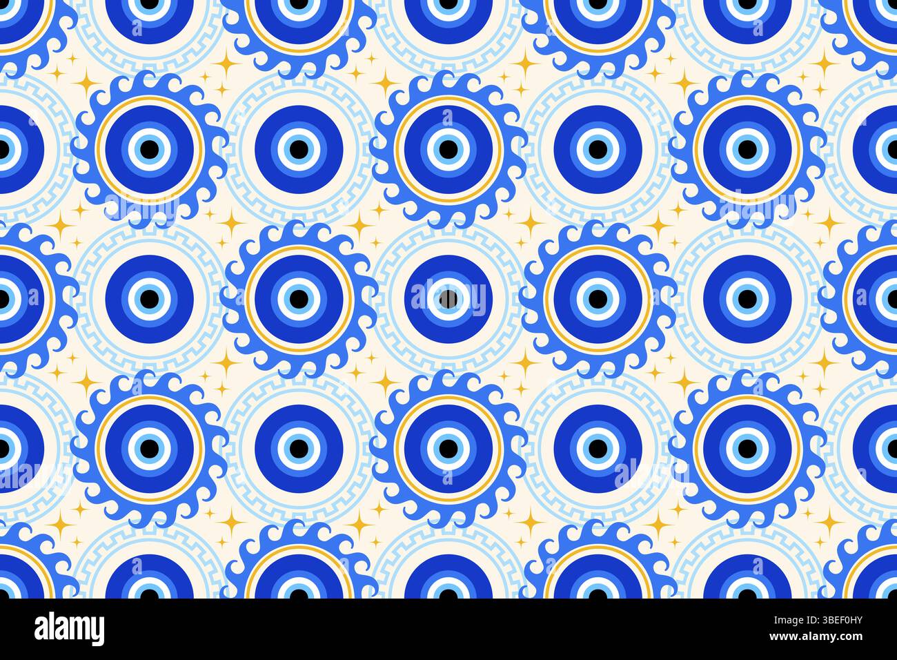 Mauvais oeil grec modèle sans couture. Fond de vecteur avec des perles bleues et le soleil. nazar turc - symbole ethnique de l'énergie de protection et de la chance. Amulette mystique Illustration de Vecteur