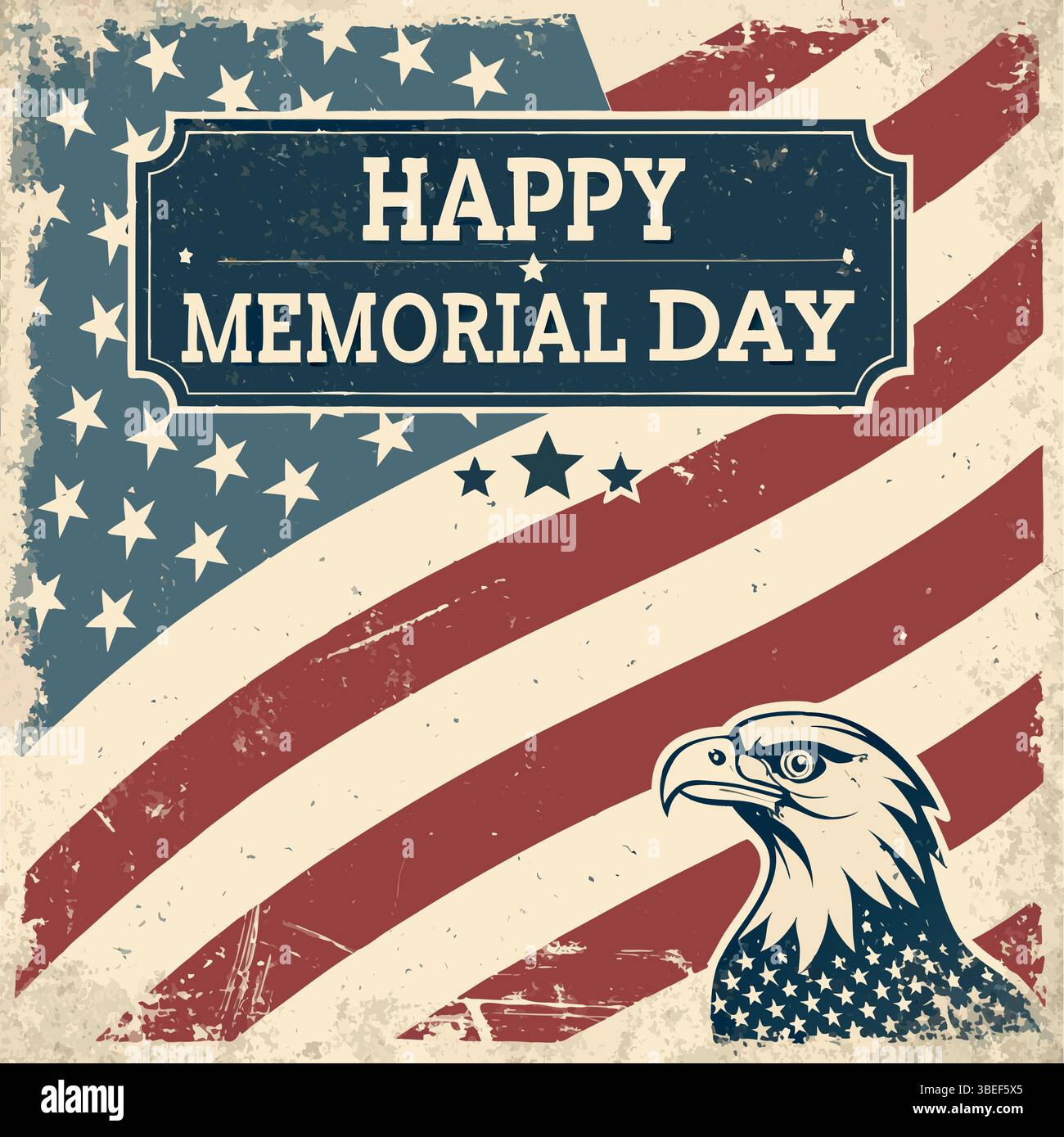 Vintage Memorial Day Poster Vector – drapeau américain en détresse, aigle, Laurel, Patriotic Design Illustration de Vecteur
