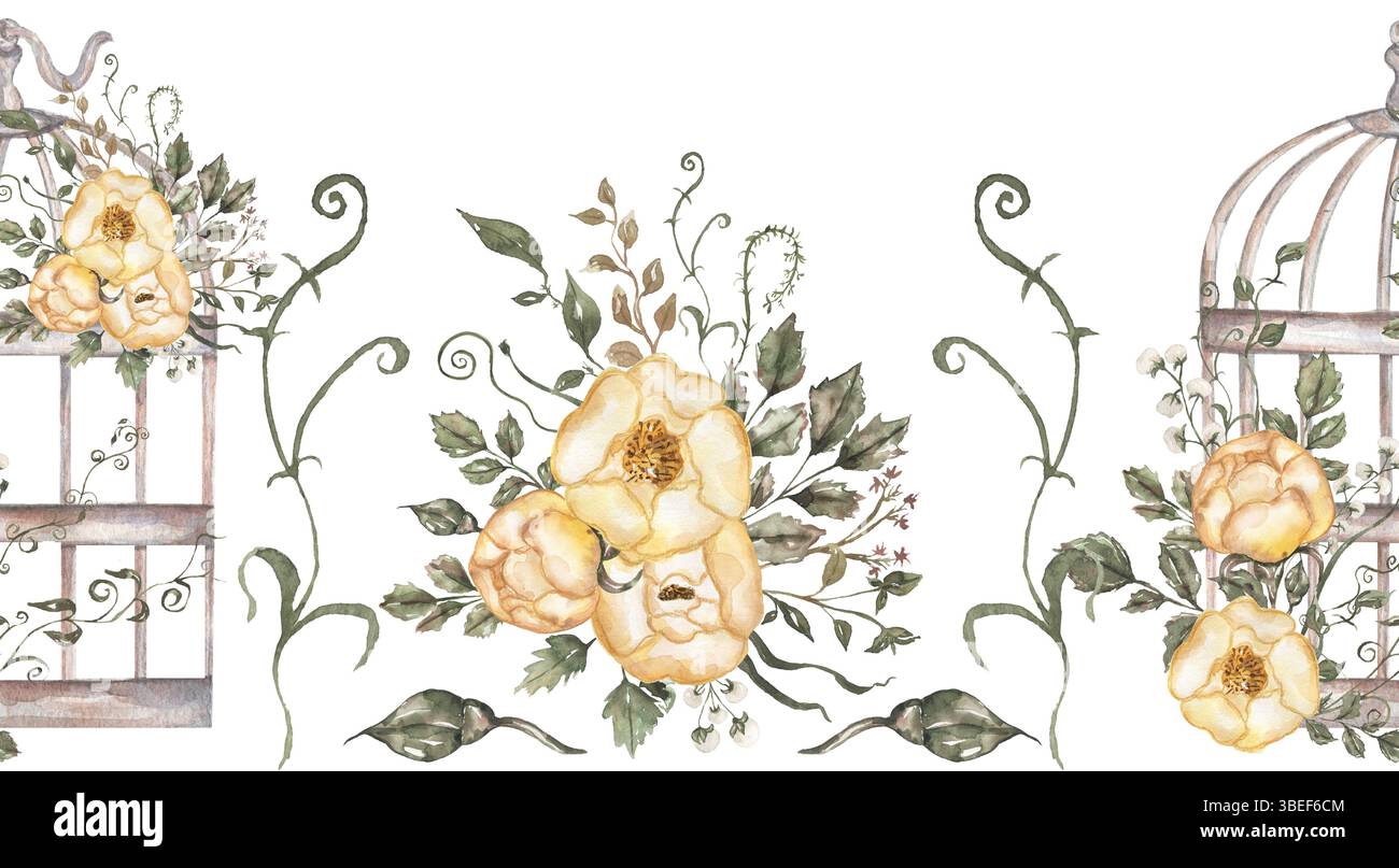 Cages à oiseaux vintage aquarelle avec bordure sans couture de fleurs de roses jaunes, motifs floraux de jardin répétés Banque D'Images