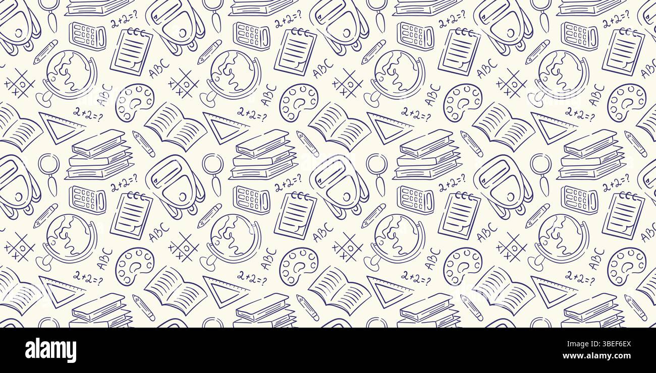 Retour à l'école Doodle motif sans couture. Esquisse objet stationnaire de crayon, stylo, livre, sac à dos, règle, globe sur un fond beige. Illustration de Vecteur