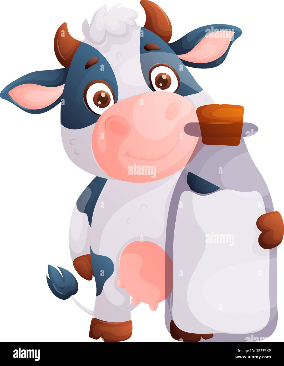 Mignon Cartoon vache tenant une bouteille de lait, illustration d'animaux de ferme laitière. Illustration de Vecteur