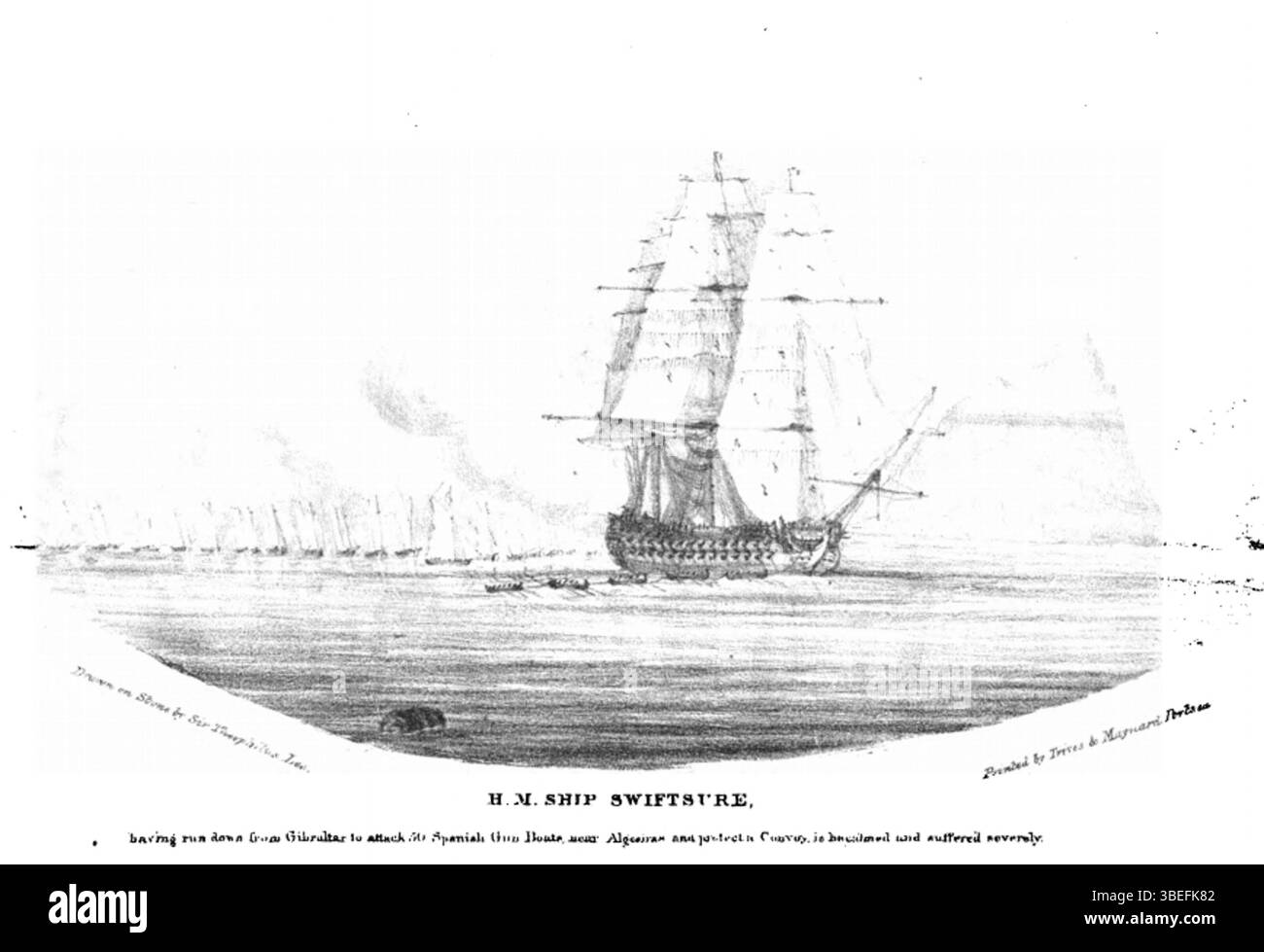 Cette lithographie, créée par John Theophilus Lee en 1836, représente le HMS Swiftsure, commandé par le capitaine Benjamin Hallowell, lors de son engagement en 1798 avec des canonnières espagnoles près d'Algeciras. Le navire est montré bécalmé pendant l'opération. Banque D'Images