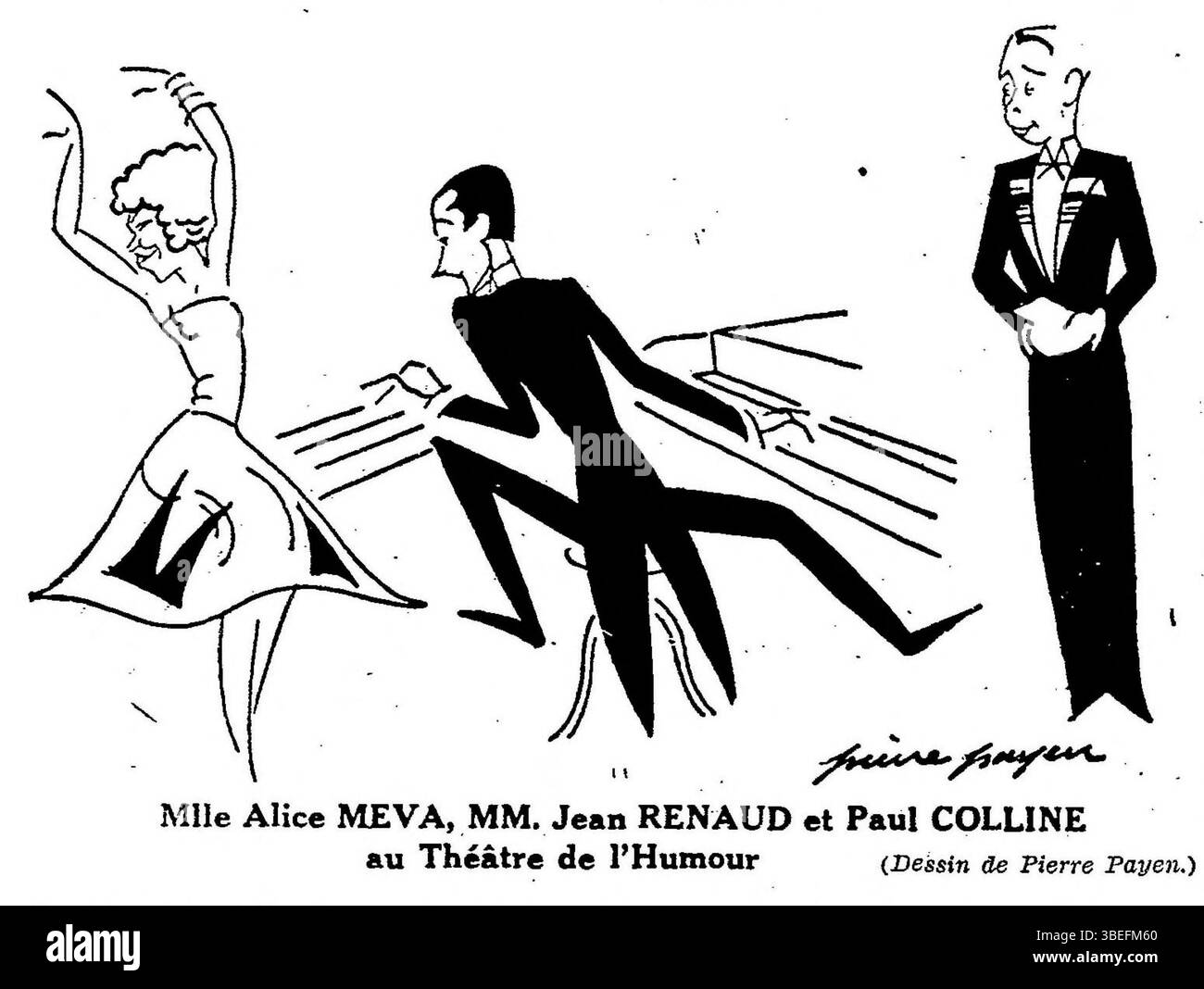 Le dessin de Pierre Payen du 25 octobre 1930 représente Alice Méva, Jean Renaud et Paul colline au Théâtre de l'humour. Cette pièce illustre un moment d’humour et de divertissement français du début du XXe siècle. Banque D'Images