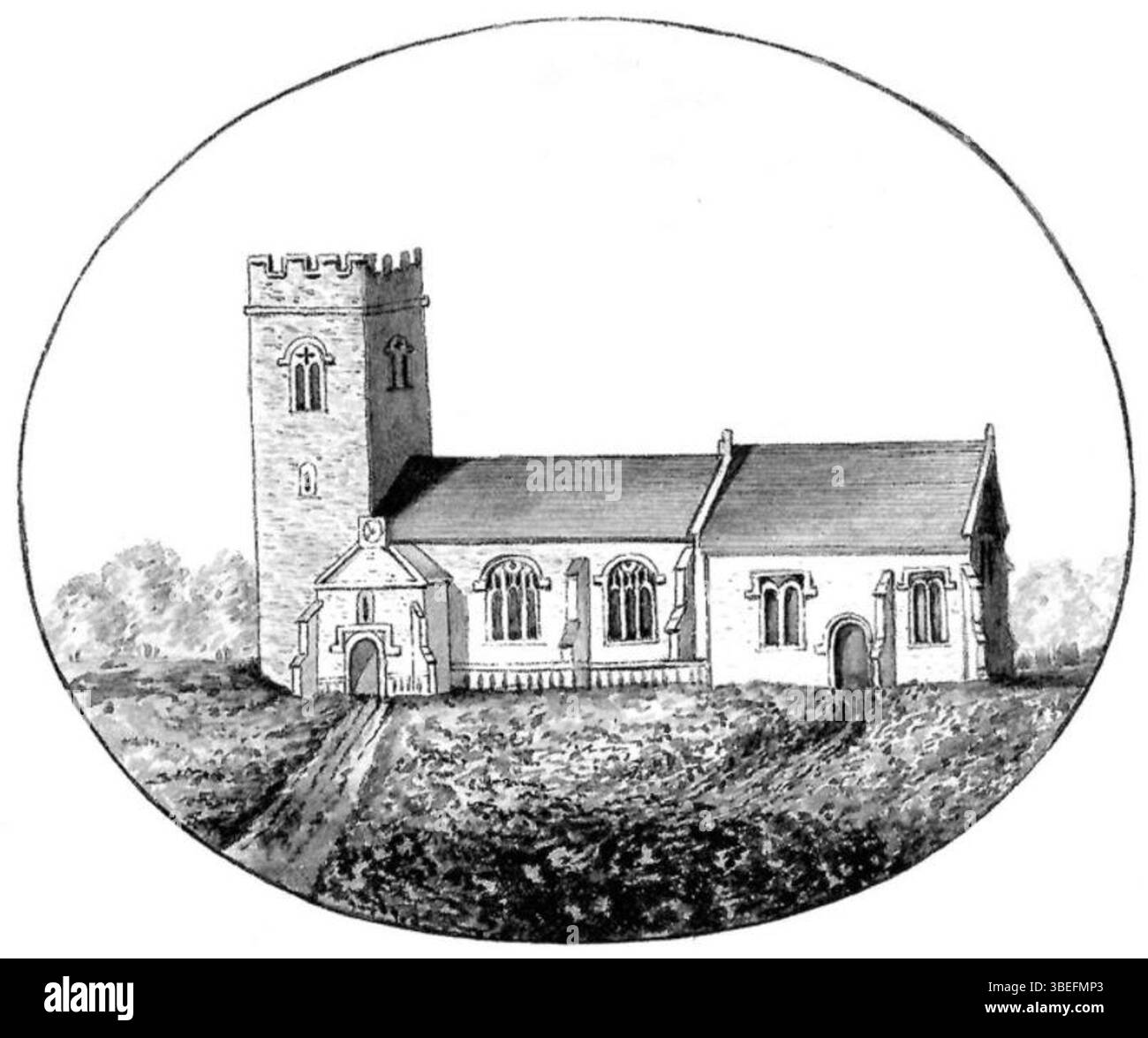 Un dessin à la plume et à l'encre des années 1830 représentant l'église d'Helen à Ipswich, en Angleterre. Le croquis illustre la conception architecturale de l'église et sa place dans le paysage historique d'Ipswich. Banque D'Images