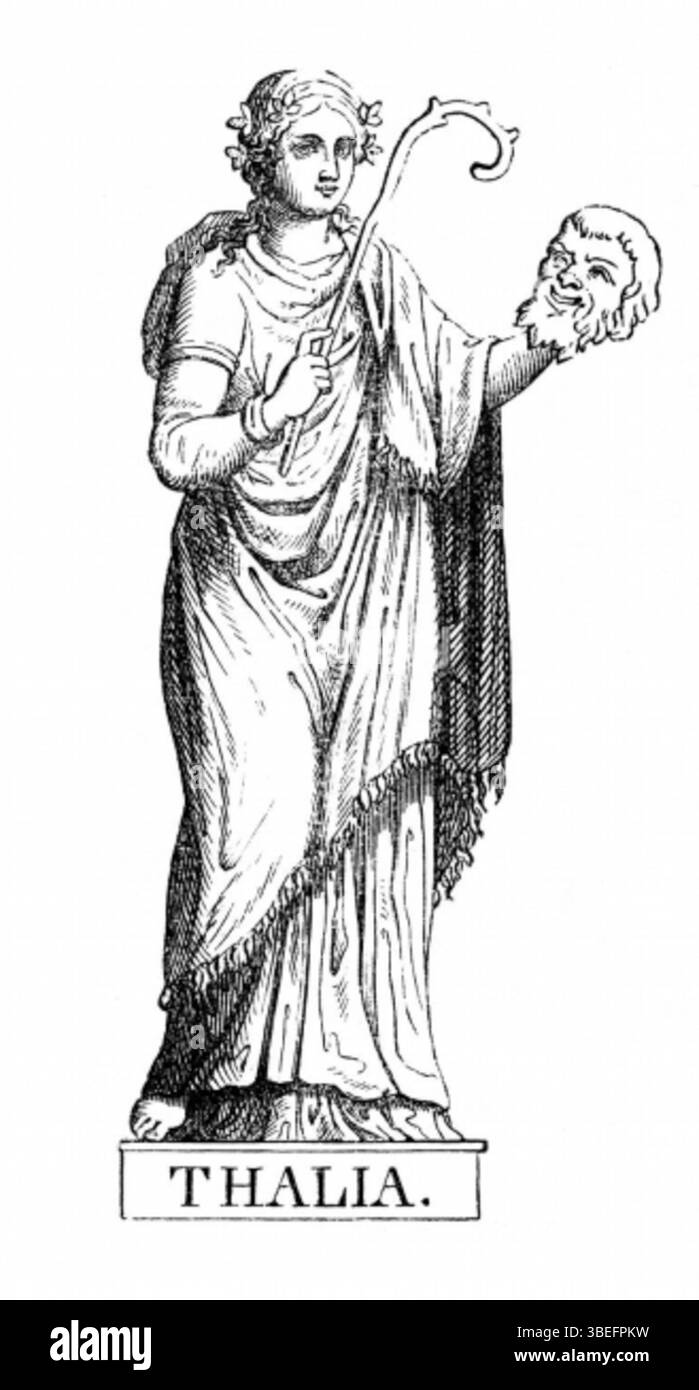 Thalia, la muse grecque de la comédie et de la poésie idyllique, est représentée dans cette gravure gravée sur bois de 1878. La gravure illustre son rôle dans la mythologie grecque en tant que symbole de joie et de poésie pastorale, contribuant à la compréhension culturelle des arts grecs Banque D'Images