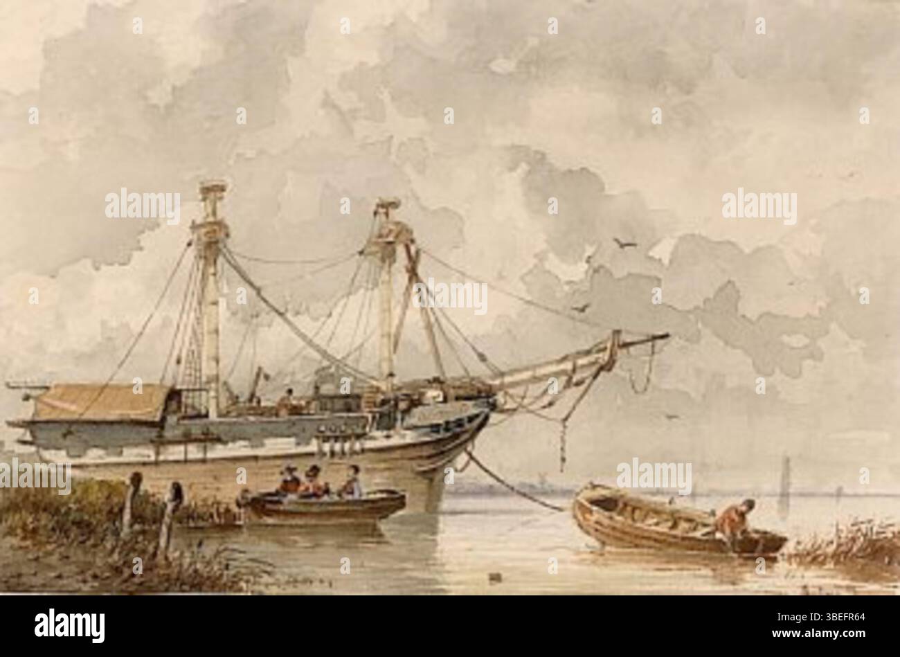 Illustration au crayon et à l'aquarelle de Willem Lodewijk Andrea (1817-1873) représentant un bateau à voile à deux mâts sur une rivière. L’œuvre reflète les intérêts marins d’Andrea, offrant une vue sereine de la navigation fluviale du XIXe siècle. Banque D'Images