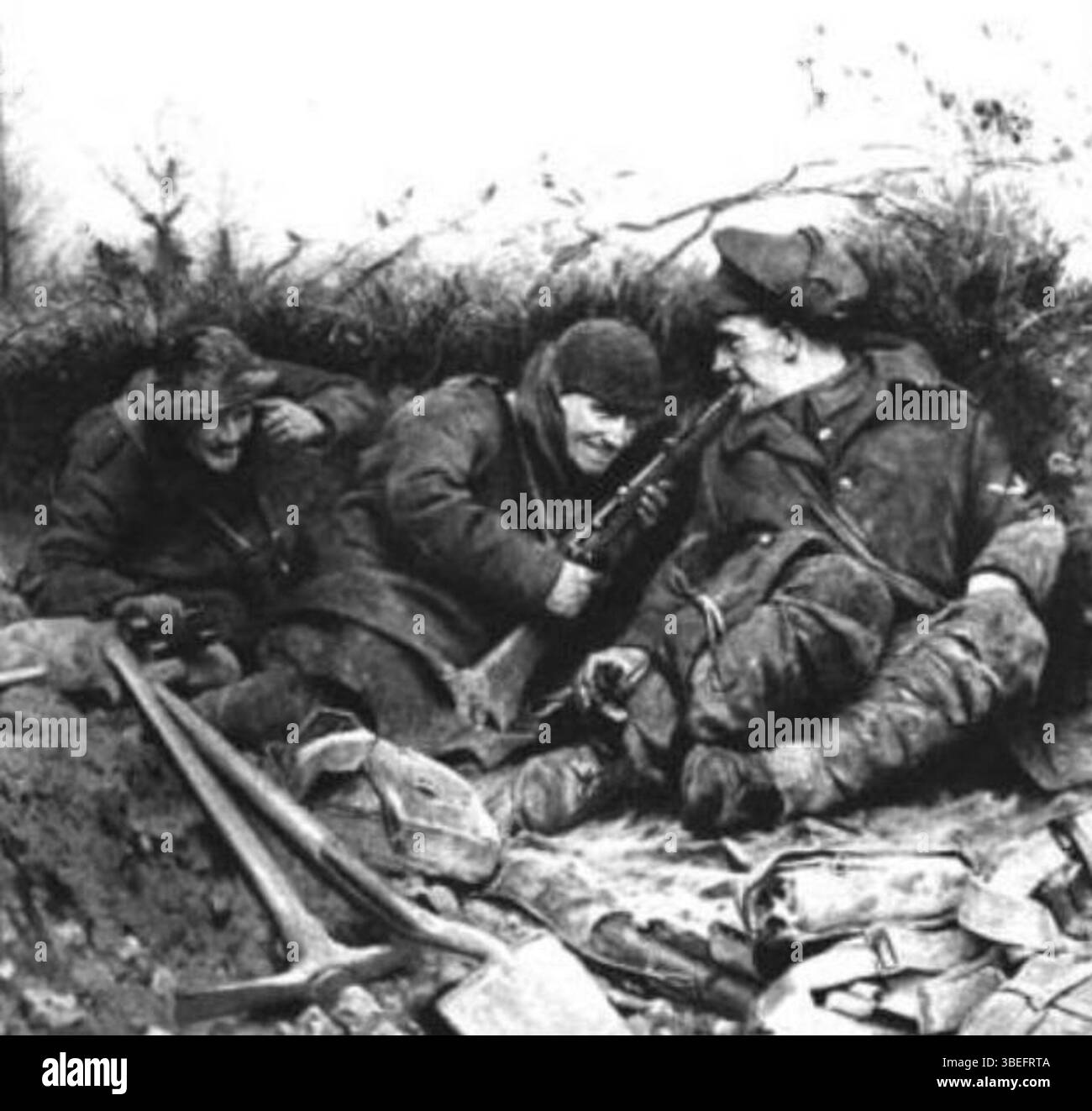 Got 'im' (1918) d'Alfred Priest a été exposé dans 'la Grande Guerre comme illustré à la Royal Academy' et publié dans The Graphic. L'œuvre capture une scène de la première Guerre mondiale, mettant en valeur le bilan émotionnel et physique de la guerre. Cette pièce reflète le style graphique et expressif souvent utilisé pour documenter les expériences de guerre au début du XXe siècle. Banque D'Images