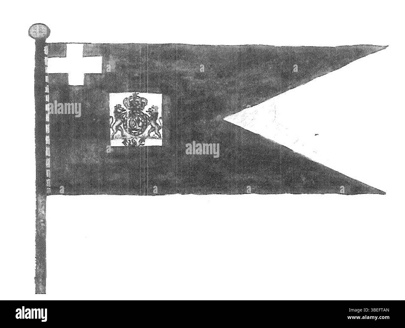 Le drapeau de la West Indies and Guinea Company, utilisé au XVIIIe siècle, présentait un motif spécial. Les navires battant ce pavillon au nord du tropique du cancer portaient un chiffre royal soutenu par deux lions, symbolisant l'autorité de la compagnie et son lien avec la monarchie. Banque D'Images