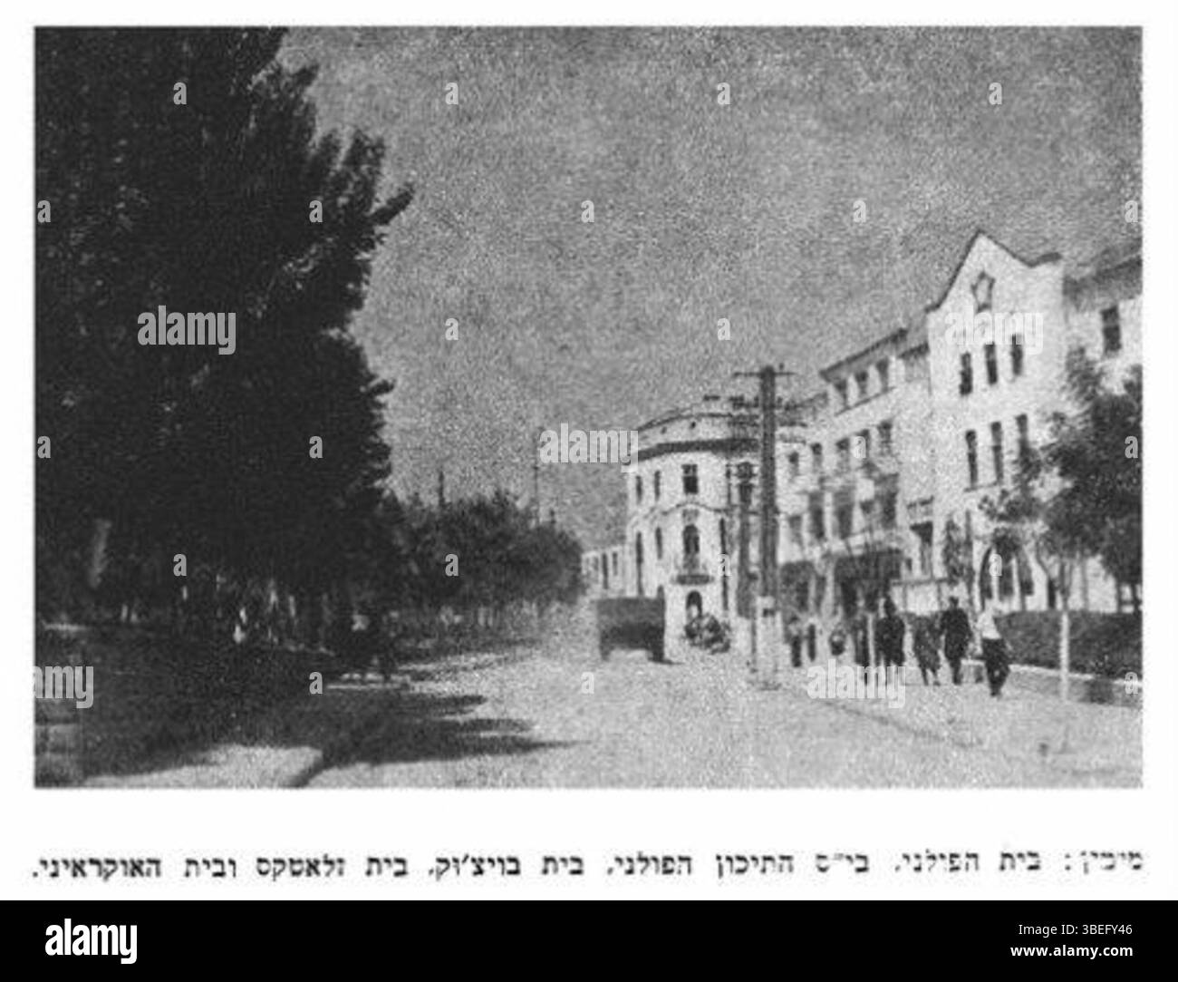 Une image historique de Rohatyn avant 1939, mettant en valeur divers bâtiments. De droite à gauche : une maison polonaise, un collège polonais, la maison de Boitsuk, la maison de Zlatkis, et une maison ukrainienne, reflétant la nature multiculturelle de la ville. Banque D'Images