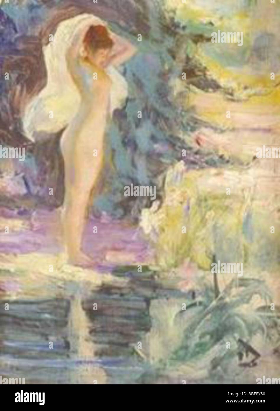 Une peinture de Louis Delfau (1871-1937) intitulée la sortie du bain, créée pendant la transition du XIXe au XXe siècle. Banque D'Images