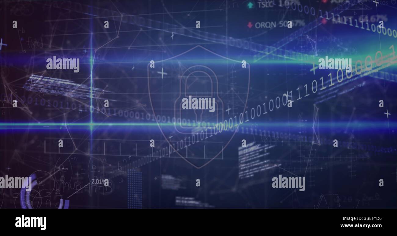 Icône de protection de cadenas de sécurité sur un réseau de connexions contre le traitement de données boursières Banque D'Images
