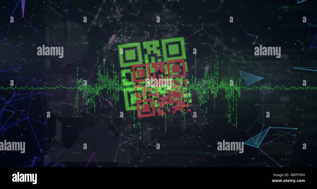 Scanner de code QR, réseau de connexions et traitement de données sur fond noir Banque D'Images