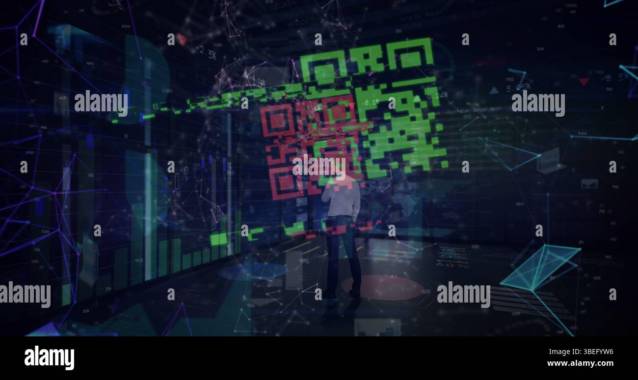 Scanner de code QR et réseau de connexions contre l'homme d'affaires réfléchi et le traitement des données Banque D'Images