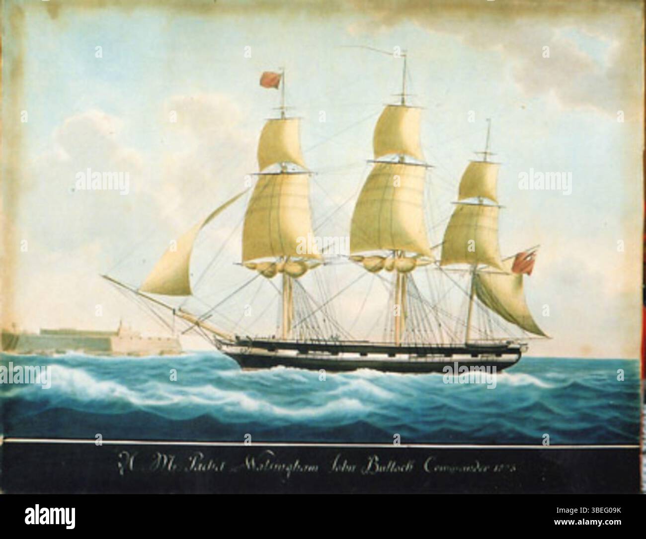 Aquarelle de Nicolas Cammillieri du HM Packet Walsingham, construit à Londres en 1795, montrant le navire sous le commandement de John Bullock, associé au Falmouth Packet Service. Banque D'Images