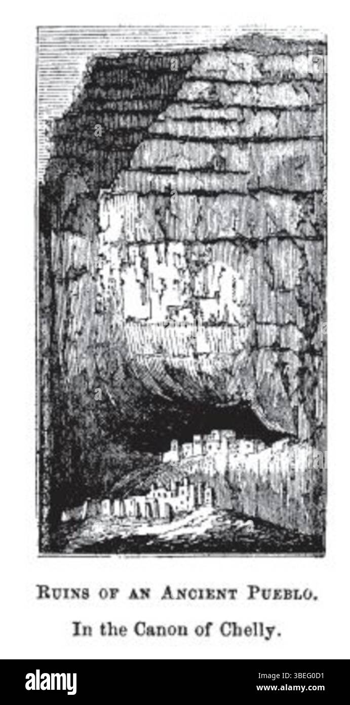 Les ruines d'un ancien pueblo sont capturées dans une peinture de John Barber et Henry Howe le 30 décembre 1865. Cette image illustre les vestiges d'une des habitations de la falaise de Puebloan dans le sud-ouest des États-Unis. Banque D'Images