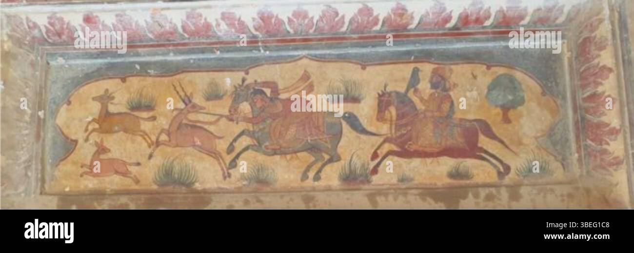 Cette fresque à Gurdwara Bhumman Shah, Depalpur, Okara, Punjab, Pakistan, date du 18ème ou 19ème siècle. Capturée par Jahandad Khan, l'œuvre d'un artiste inconnu fait partie du patrimoine culturel et religieux de la région, représentant des histoires religieuses importantes. Banque D'Images