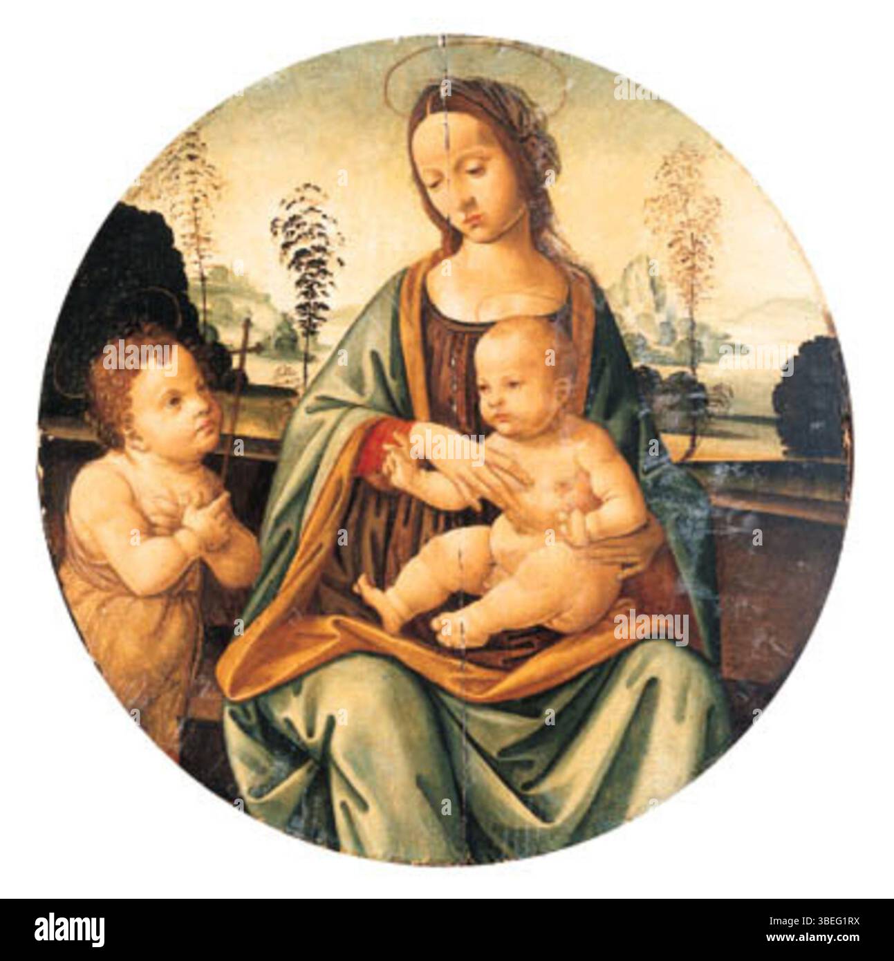 Le tableau du XVIIIe siècle de Giovanni Cianfanini représente la Vierge à l’enfant, accompagné de l’enfant Saint Jean Baptiste. Cette œuvre religieuse représente un thème chrétien traditionnel d'amour maternel et de protection divine. Banque D'Images