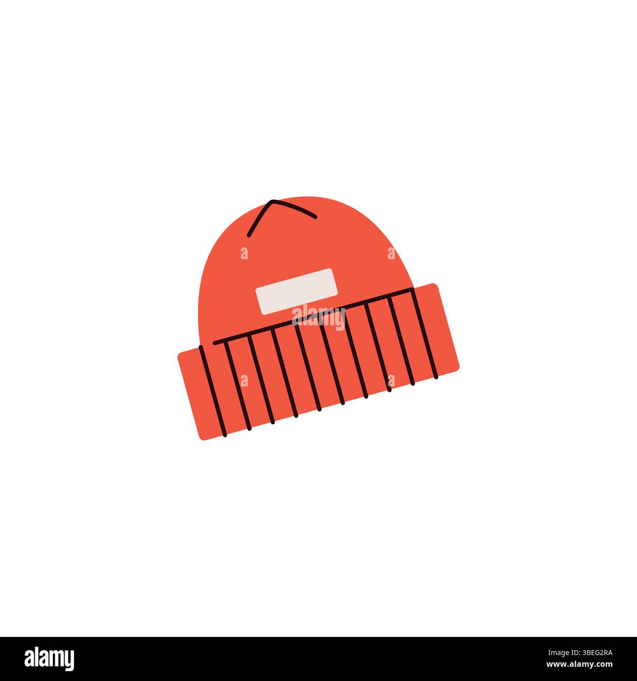 Illustration plate d'un bonnet d'hiver rouge avec un bord plié et patch d'étiquette. Design minimaliste symbolisant les vêtements pour temps froid, l'équipement de plein air et confortable Illustration de Vecteur