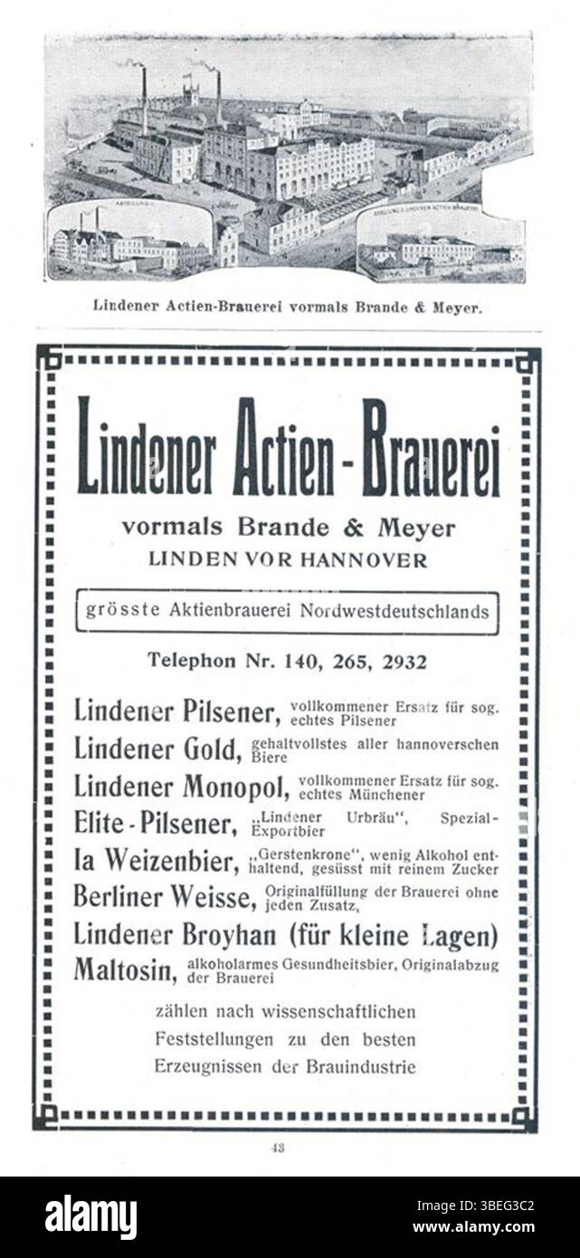 Cette publicité de la brasserie Lindener Actien-Brauerei, datant d’environ 1900, présente les stratégies de branding et de marketing d’une brasserie allemande à la fin du XIXe et au début du XXe siècle. Banque D'Images