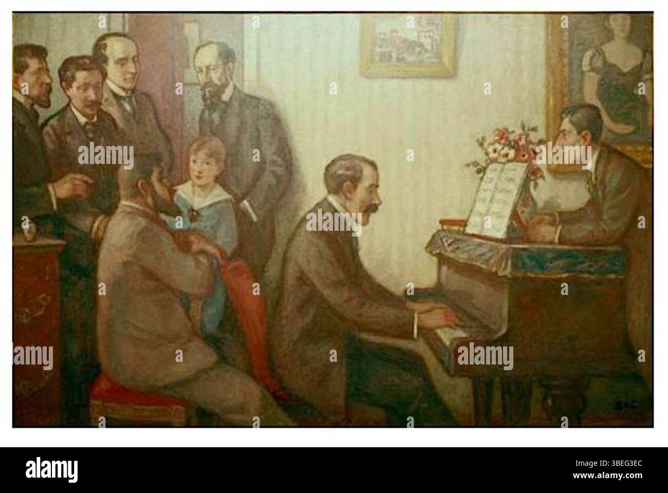 La Réunion chez les Godebski de Georges d'Espagnat (1910) représente un rassemblement de musiciens et compositeurs de premier plan de l'époque, dont Maurice Ravel et Florent Schmitt. L'huile sur toile fait partie de la collection du Musée de l'Opéra à Paris. Banque D'Images