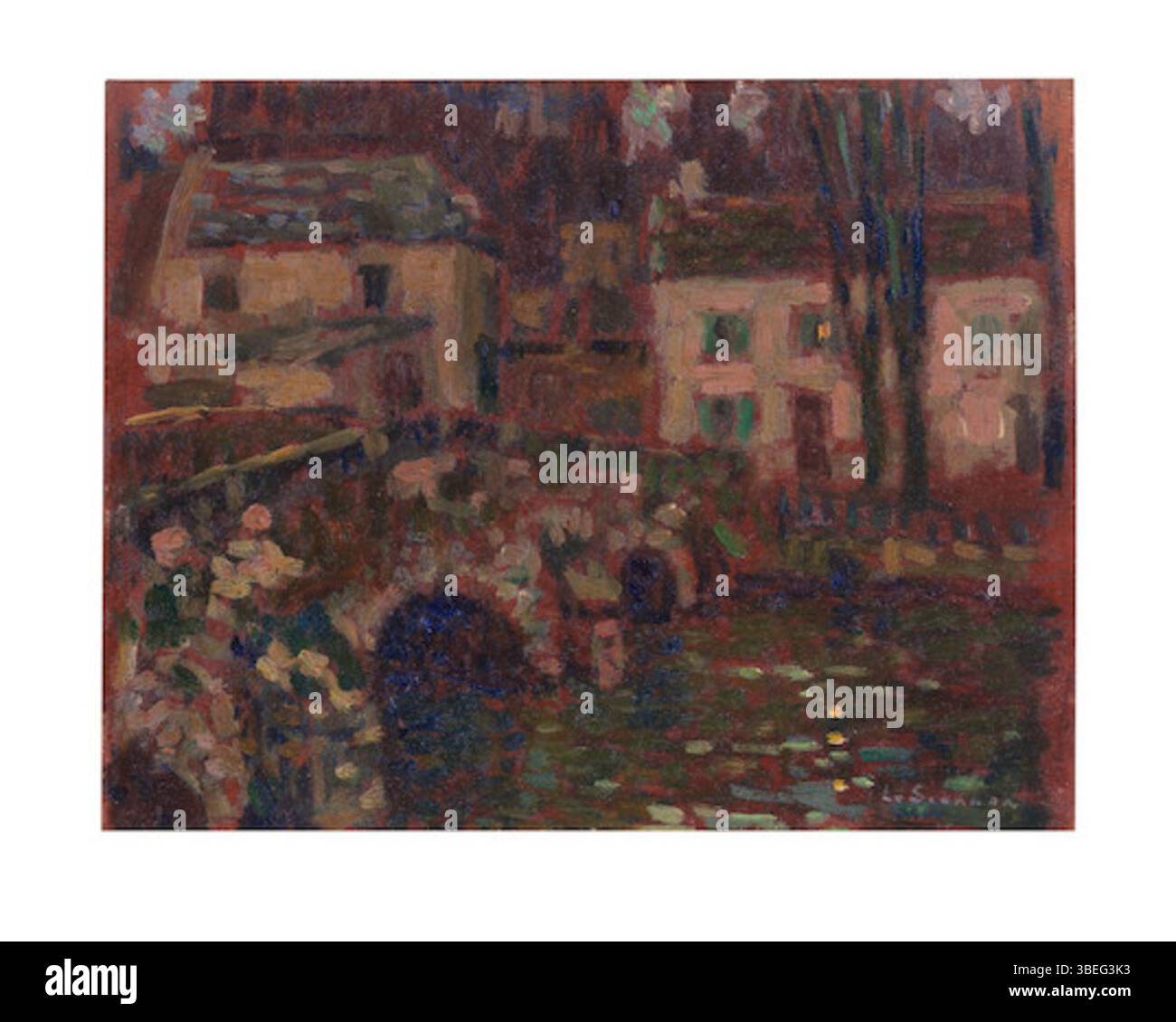 'Le pont de pierre' (1912) d'Henri le Sidaner représente une scène sereine au bord de la rivière avec un pont de pierre. La peinture se caractérise par un éclairage doux et des couleurs tranquilles, soulignant le calme du cadre. Le Sidaner était connu pour son style impressionniste, se concentrant sur les effets atmosphériques et le jeu de la lumière et de l'ombre. Banque D'Images