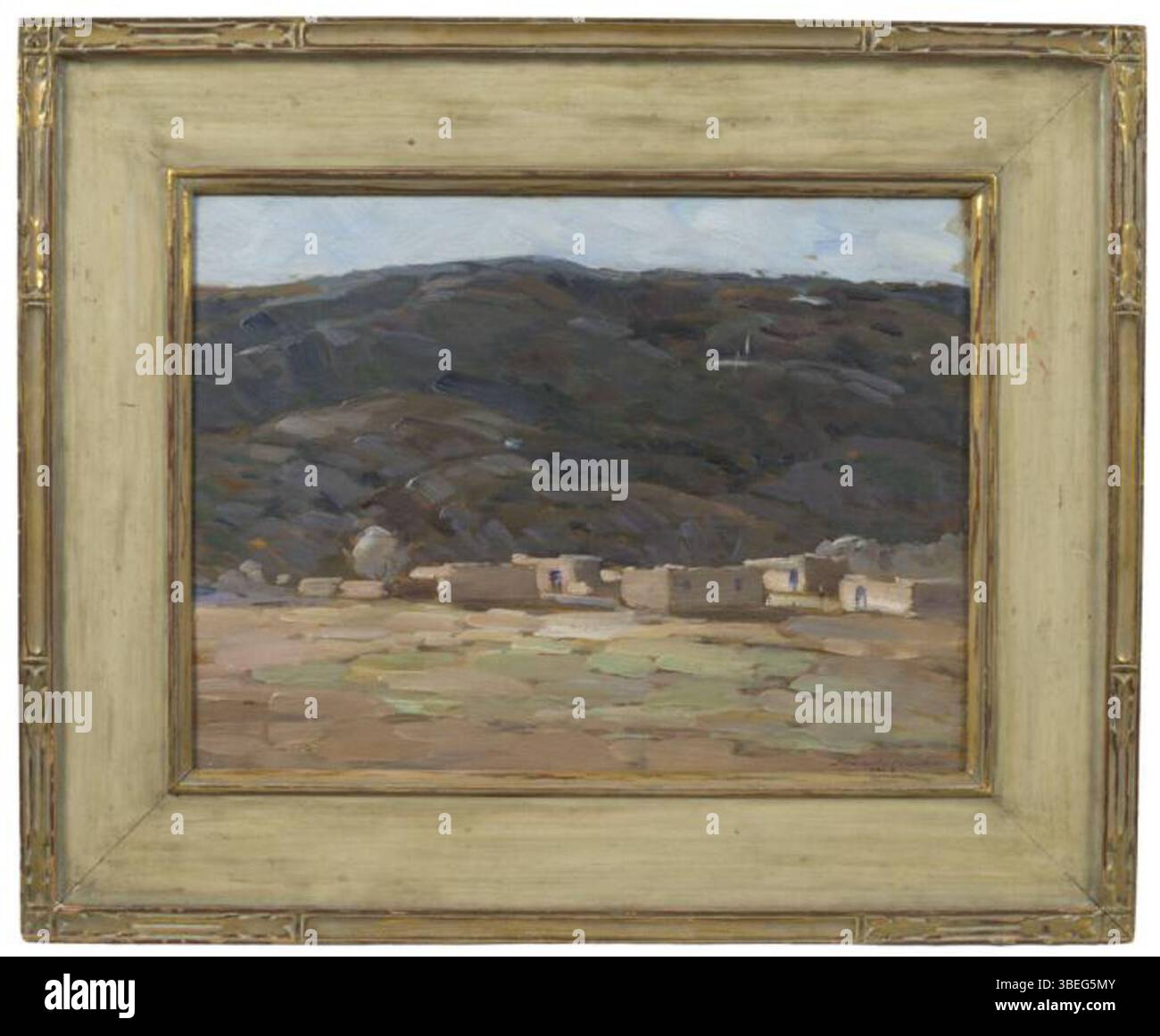 La peinture de paysage de Francis Newton de 1928 représente Black Mesa à Alcalde, Nouveau-Mexique, capturant les caractéristiques géologiques et les paysages arides du sud-ouest américain. Banque D'Images