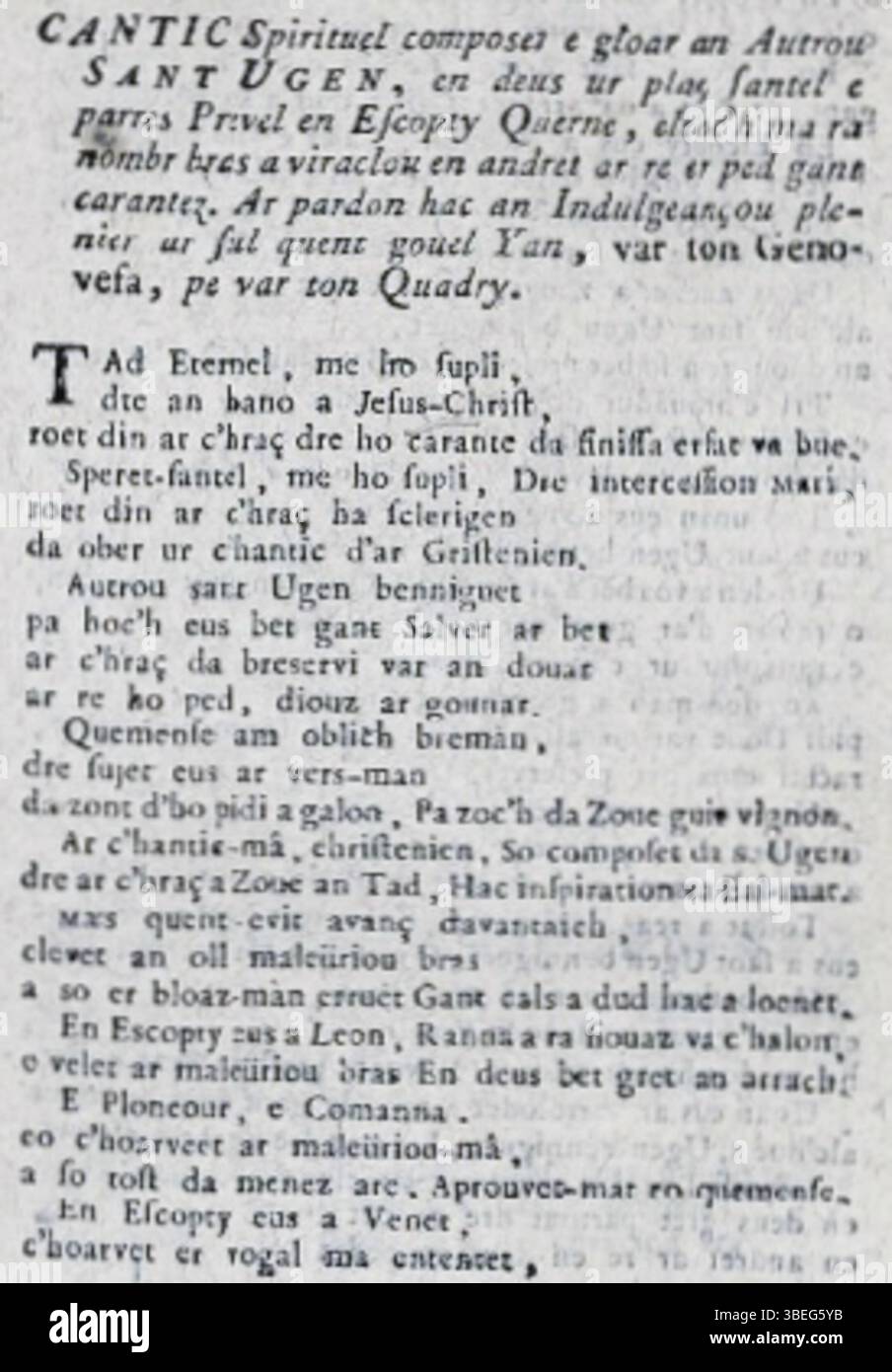 Le 'Cantique Saint-Tugen' est un chant spirituel composé en l'honneur de Saint Tugen, célébré à Primelin. Cette œuvre, écrite en breton, a été recueillie au XIXe siècle et reflète le patrimoine culturel et religieux de la région. Banque D'Images