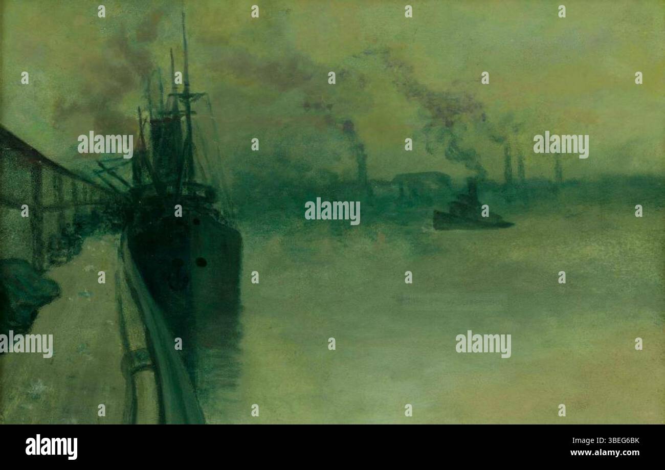 Cette peinture de 1913 d'Alexander John Drysdale représente des navires amarrés à des quais le long de la rivière de la Nouvelle-Orléans par un matin brumeux de décembre. L'œuvre capture les conditions atmosphériques et l'activité maritime typiques du début du XXe siècle dans cette ville portuaire du sud des États-Unis. Banque D'Images