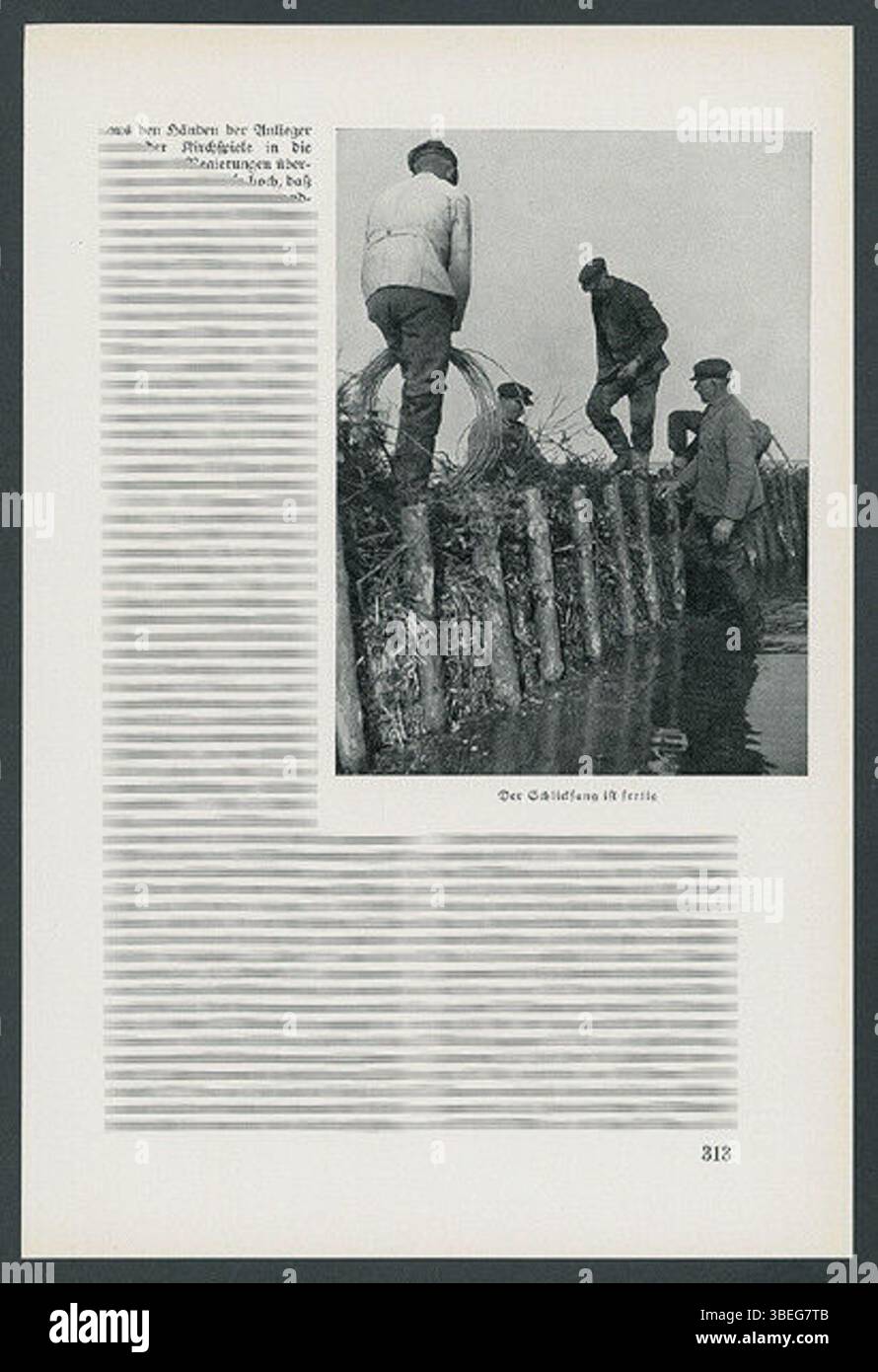 Cette photographie de Gustav Frenssen de 1935 montre le processus de remise en état des terres le long de la mer du Nord, avec des ouvriers construisant une digue à Neuwesteel, dans la région de la Frise d'Ostland. Il capture l'utilisation des chemins de fer de champ pour le transport de matériaux tels que des poteaux, de la paille et de la terre pour construire des digues de protection. Banque D'Images