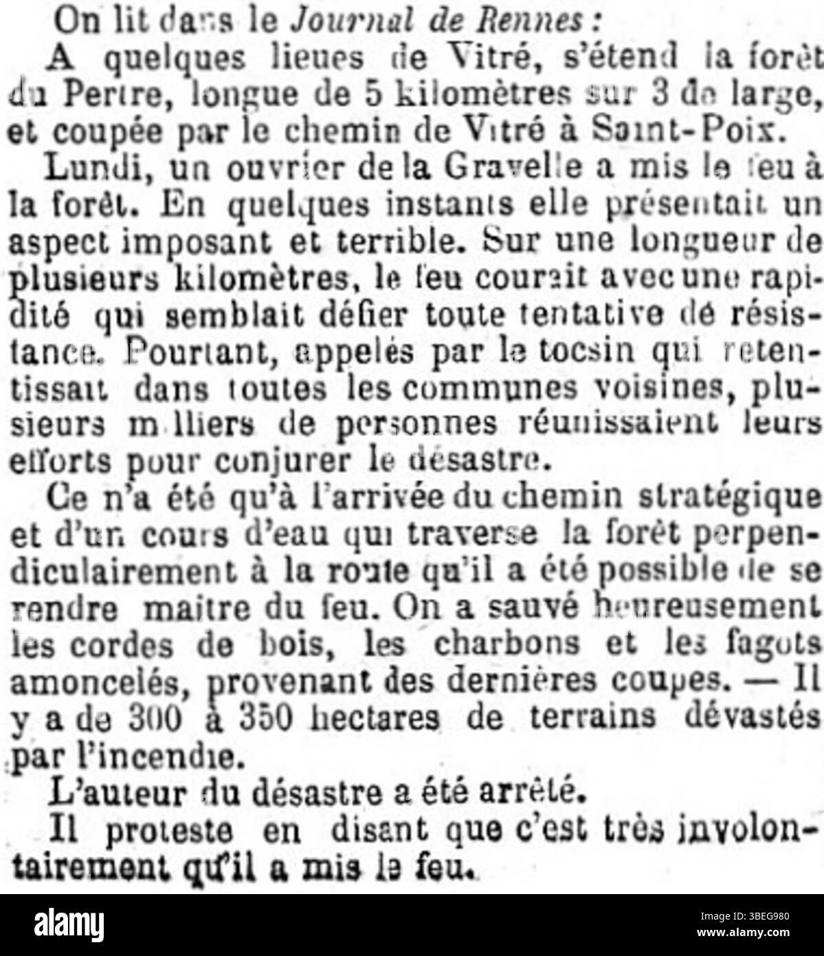 Gravure publiée dans le petit Journal le 14 avril 1870, représentant le feu dévastateur dans la forêt de Pertre le 11 avril 1870. L'image capture la destruction causée par l'incendie. Banque D'Images