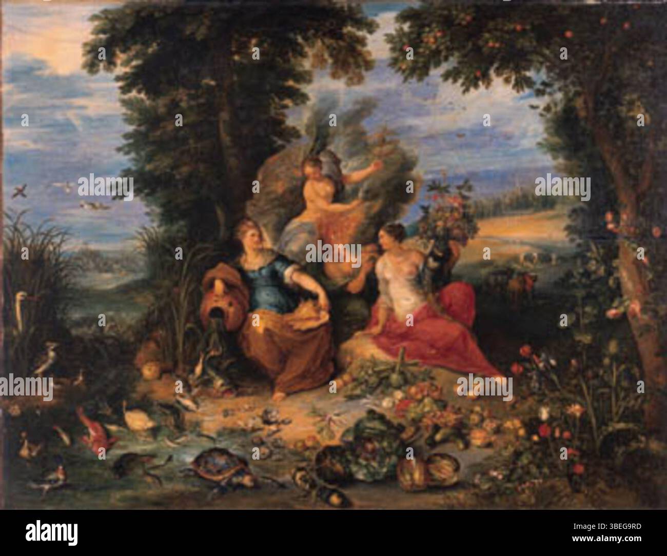 Cette peinture de Jan Brueghel le jeune (1601–1678) dépeint les quatre éléments d'un paysage côtier boisé, riche en faune variée comprenant des poissons, des animaux, des oiseaux et une variété de plantes. On voit des paysans récolter des cultures au loin, et le Triomphe mythologique de Galatée est représenté au-delà, créant un mélange dynamique de nature, d'agriculture et de thèmes classiques. Banque D'Images