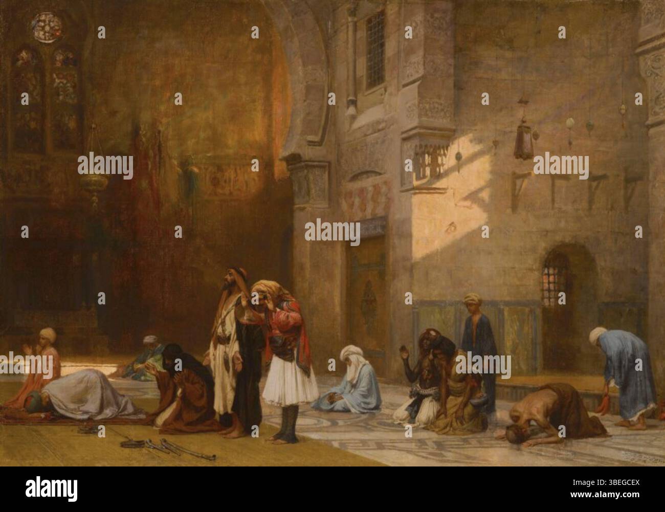 Cette peinture de Frederick Arthur Bridgman, achevée en 1876, capture un moment de prière dans une mosquée du Caire, reflétant la fascination de l’artiste pour la culture nord-africaine et moyen-orientale. Banque D'Images