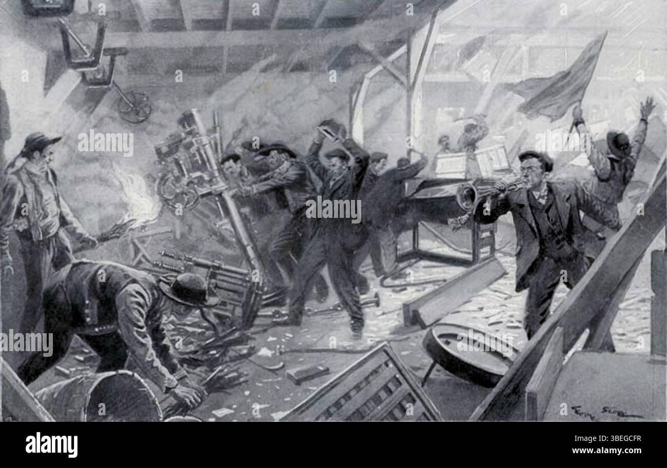 Cette illustration de L'illustration, datée du 21 juillet 1903, représente la destruction d'une conserverie de sardine à Douarnenez, en France, lors de la crise de la sardine de 1902. La crise a été provoquée par l’opposition des travailleurs aux machines qui remplacent leur travail, conduisant à une confrontation violente entre travailleurs et employeurs. Banque D'Images