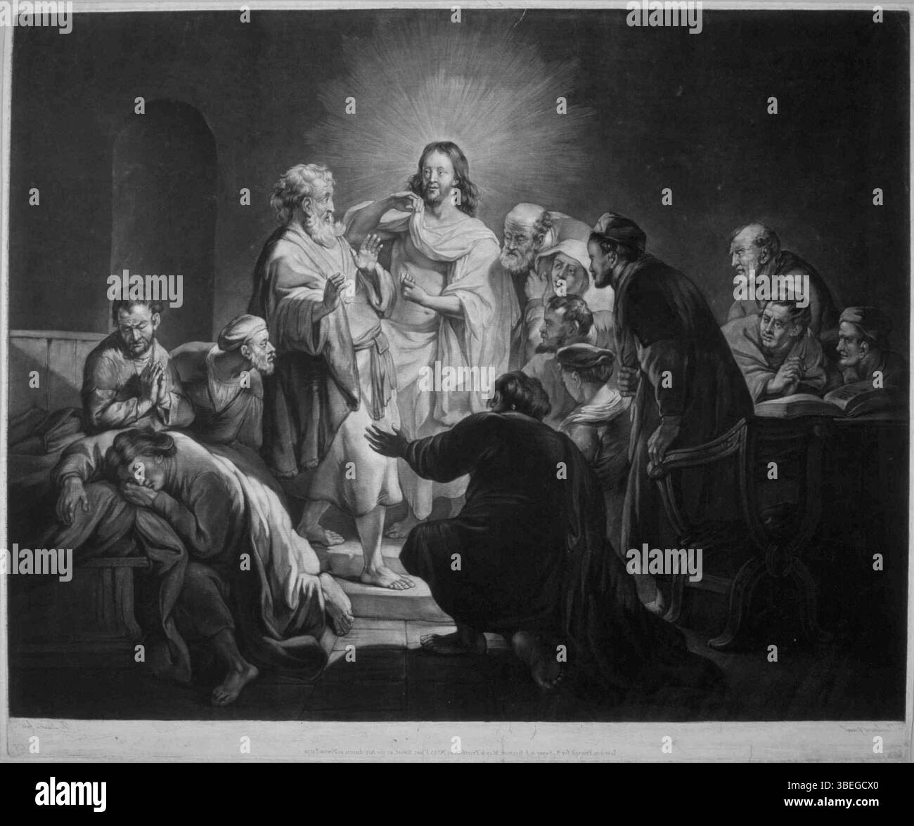 Cette gravure de Robert Laurie (1755-1836) représente le moment de l’Évangile où le Christ apparaît à ses disciples, montrant à Thomas les blessures dans ses mains, ce qui conduit à sa déclaration de foi. La gravure, inspirée de l'œuvre de Rembrandt, a été réalisée à la fin du XVIIIe siècle. La pièce fait partie de la collection 'Rembrandt graved', capturant un moment clé dans la croyance chrétienne. Banque D'Images