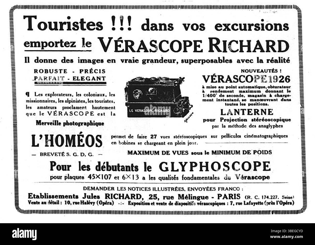 Cette publicité pour Vérascope Richard, publiée à Paris en janvier 1927, est parue dans la revue *Art et photo : revue mensuelle illustrée*. La publicité faisait la promotion des capacités visuelles et artistiques du produit Vérascope Richard, un développement important dans la photographie du début du XXe siècle. Banque D'Images