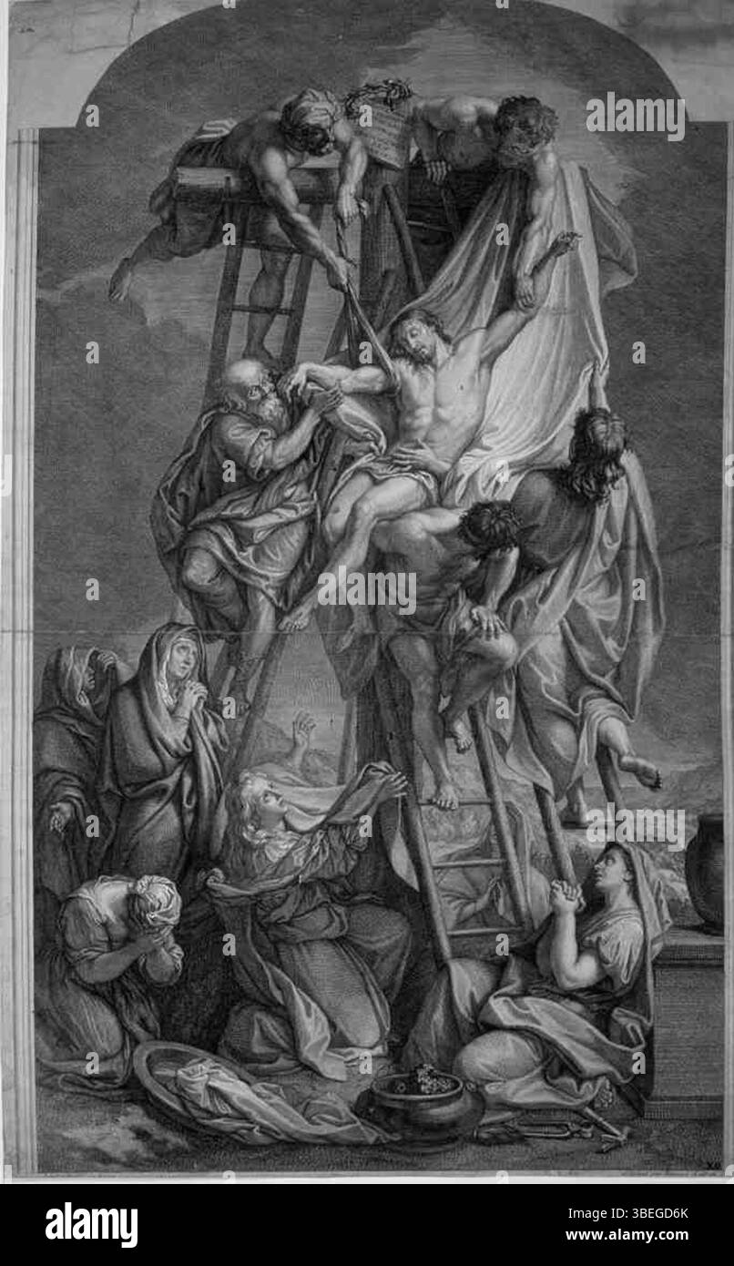 La 'descente de Croix' de Benoit Audran représente la descente de la croix, une scène emblématique des religieux chrétiens Cette gravure du XVIIIe siècle a été créée par Audran et le Brun, capturant l'intensité émotionnelle du retrait du Christ de la croix. La pièce fait partie de la collection de l'Université Bibliotheken Leiden, mettant en valeur des thèmes religieux en européen Banque D'Images