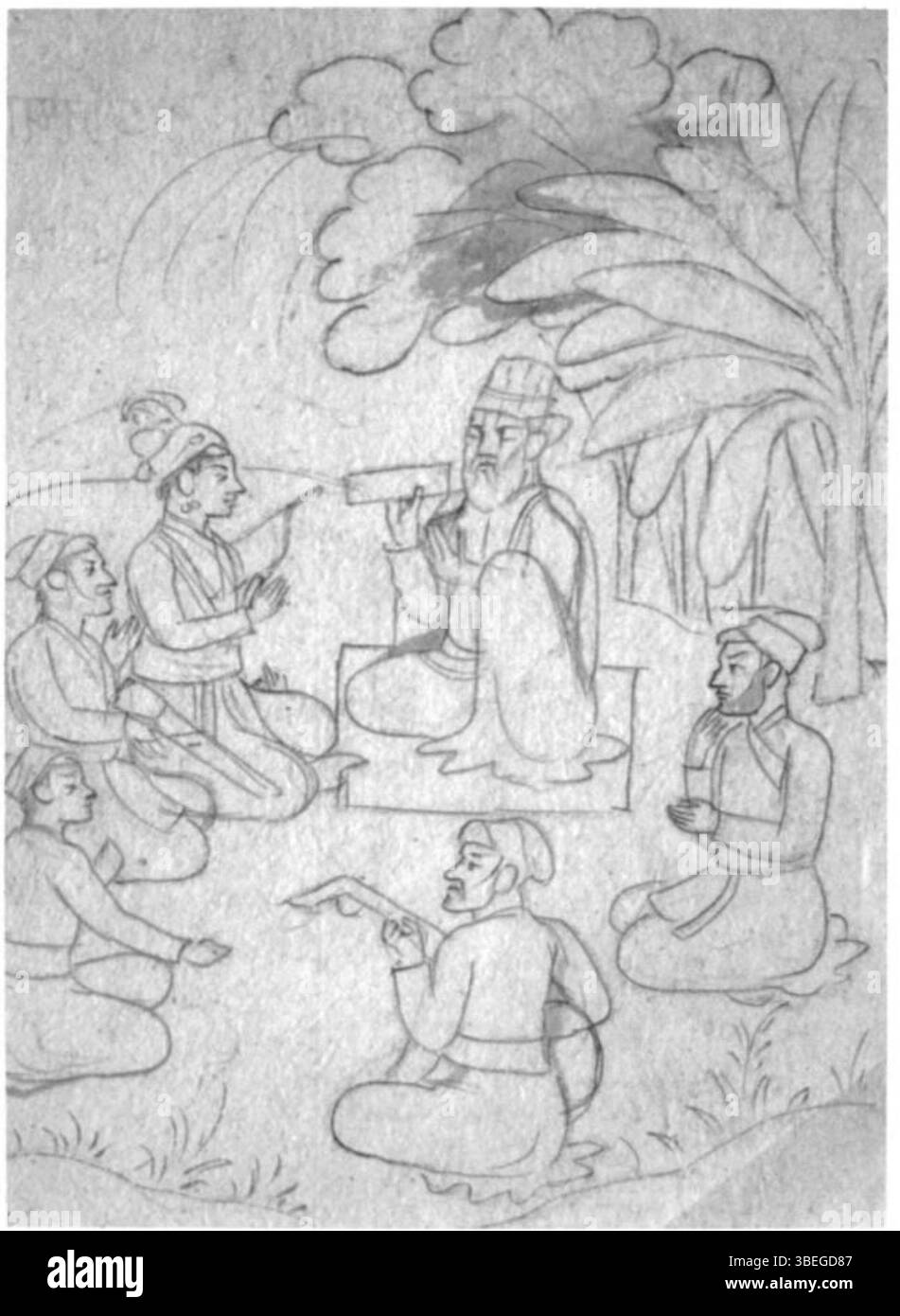 Ce dessin au pinceau de la fin du XVIIIe siècle, qui fait partie de la série Janamsakhi, illustre Guru Nanak en conversation avec un chef. Créé par l’atelier familial de Seu-Nainsukh, il dépeint un moment de discours spirituel et d’engagement dans le récit religieux sikh. Banque D'Images