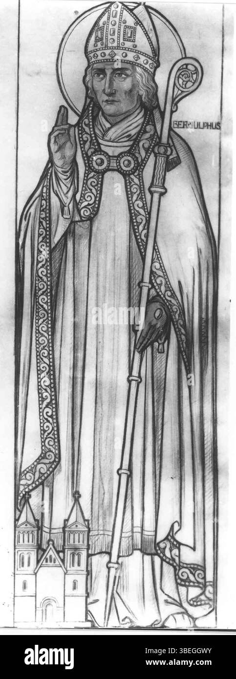 Cette photographie, datant d'environ 1900, montre un dessin de Saint Bernulphe. L'image peut avoir fait partie d'une fresque de Georg Sturm et provient d'une collection de 154 photos d'œuvres produites chez Cuypers & Co. Ateliers artistiques. Banque D'Images