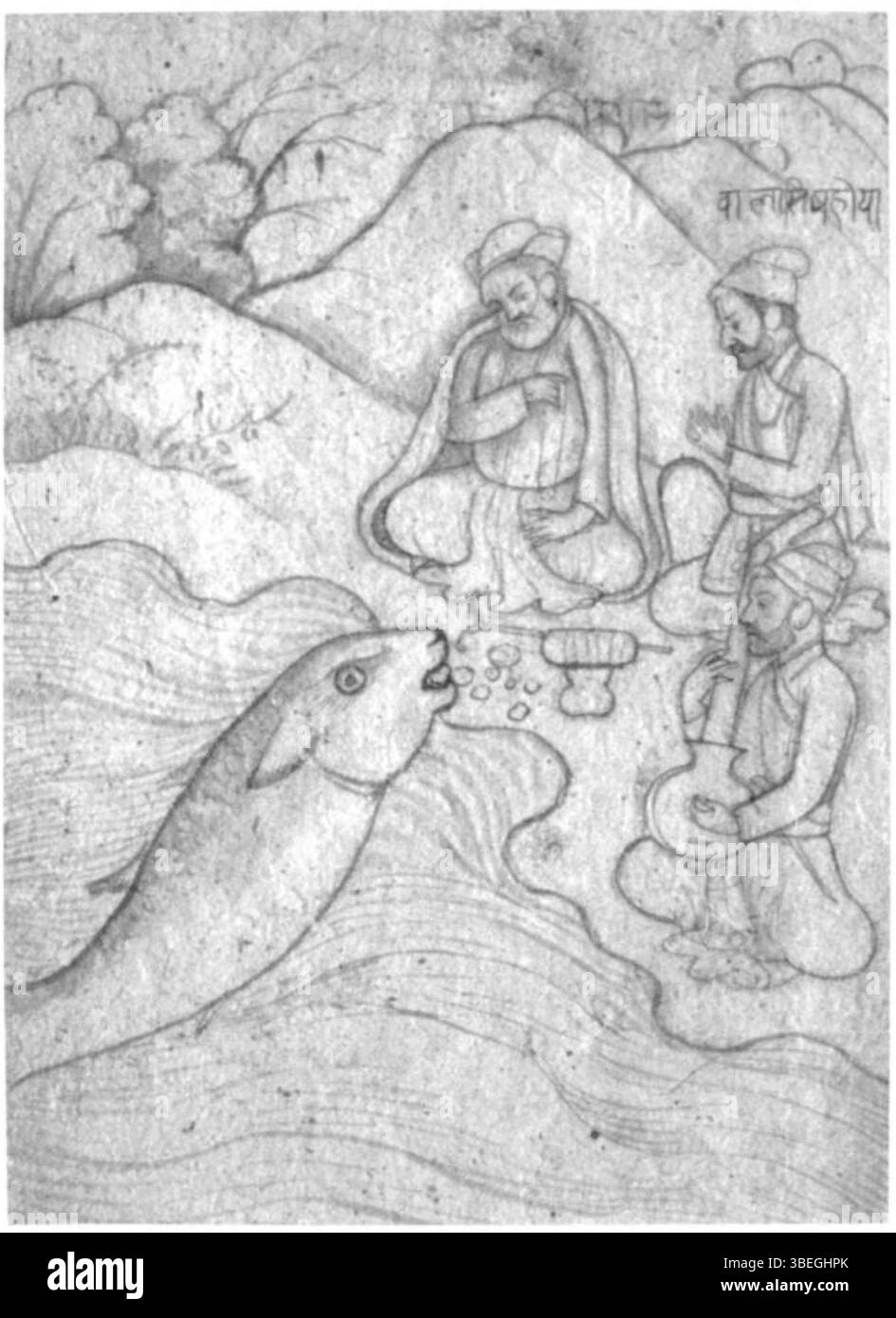 Ce dessin au pinceau de la série Janamsakhi représente un grand poisson offrant des trésors des profondeurs à Guru Nanak. Œuvre de l’atelier familial de Seu-Nainsukh, elle met en lumière les récits mythiques et spirituels entourant Guru Nanak, créés à la fin du XVIIIe siècle. Banque D'Images