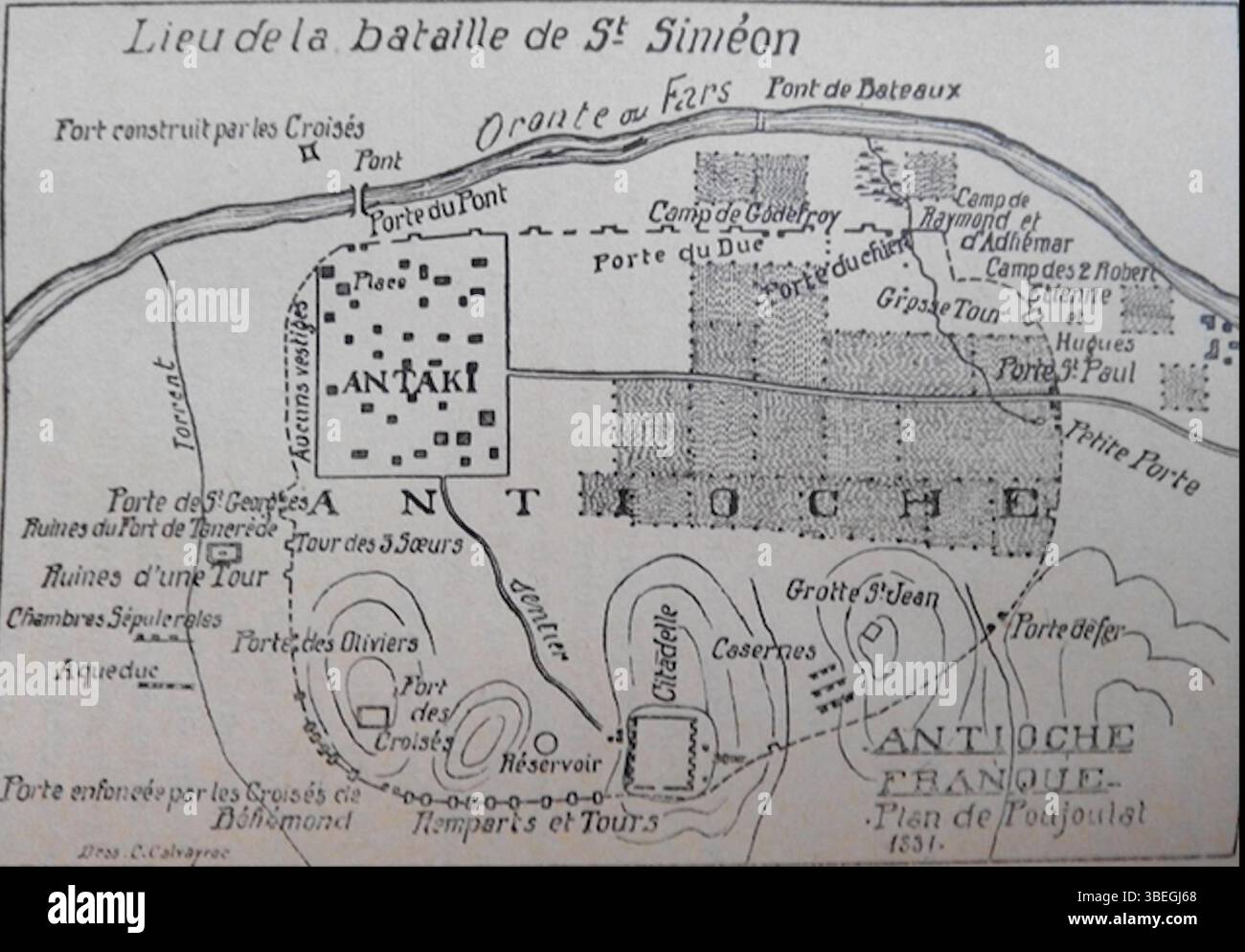 Une carte représentant le siège d’Antioche, produite par Poujoulat et reproduite dans l’œuvre de Jacquot de 1931. La carte détaille les positions stratégiques et les mouvements des croisés lors du siège d'Antioche en 1097-1098. Banque D'Images