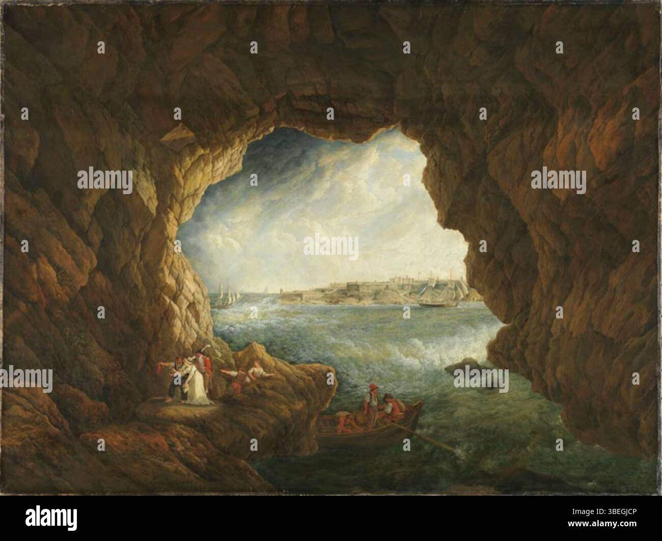 La peinture aquarelle de 1806 d'Abraham-Louis-Rodolphe Ducros sur Malte capture la beauté pittoresque de la Grotte des pages, située en face du fort Ricasoli. L’œuvre met en valeur sa maîtrise de la couleur et de la composition paysagère. Banque D'Images